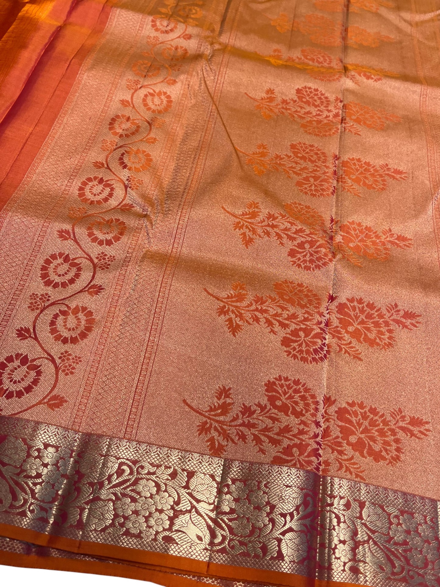 Southloom Premium Handloom Bridal Kanchipuram Silk Saree with Korvai Work (Orange)