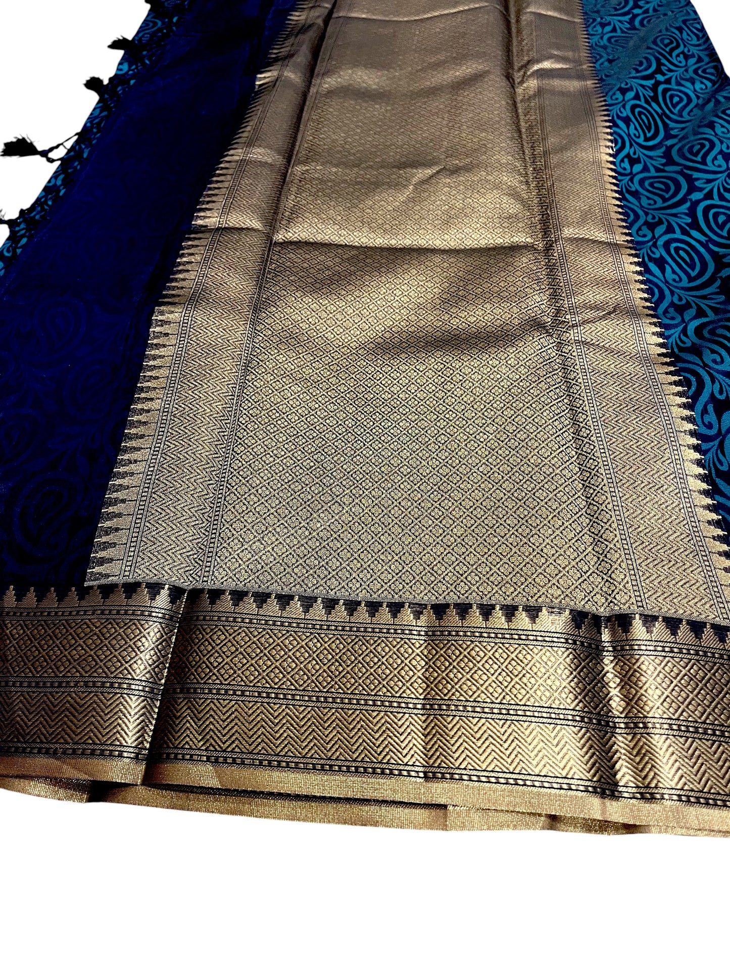 Southloom Cotton Banarasi Silk Saree with Woven Work on Body and Borders(Blue)