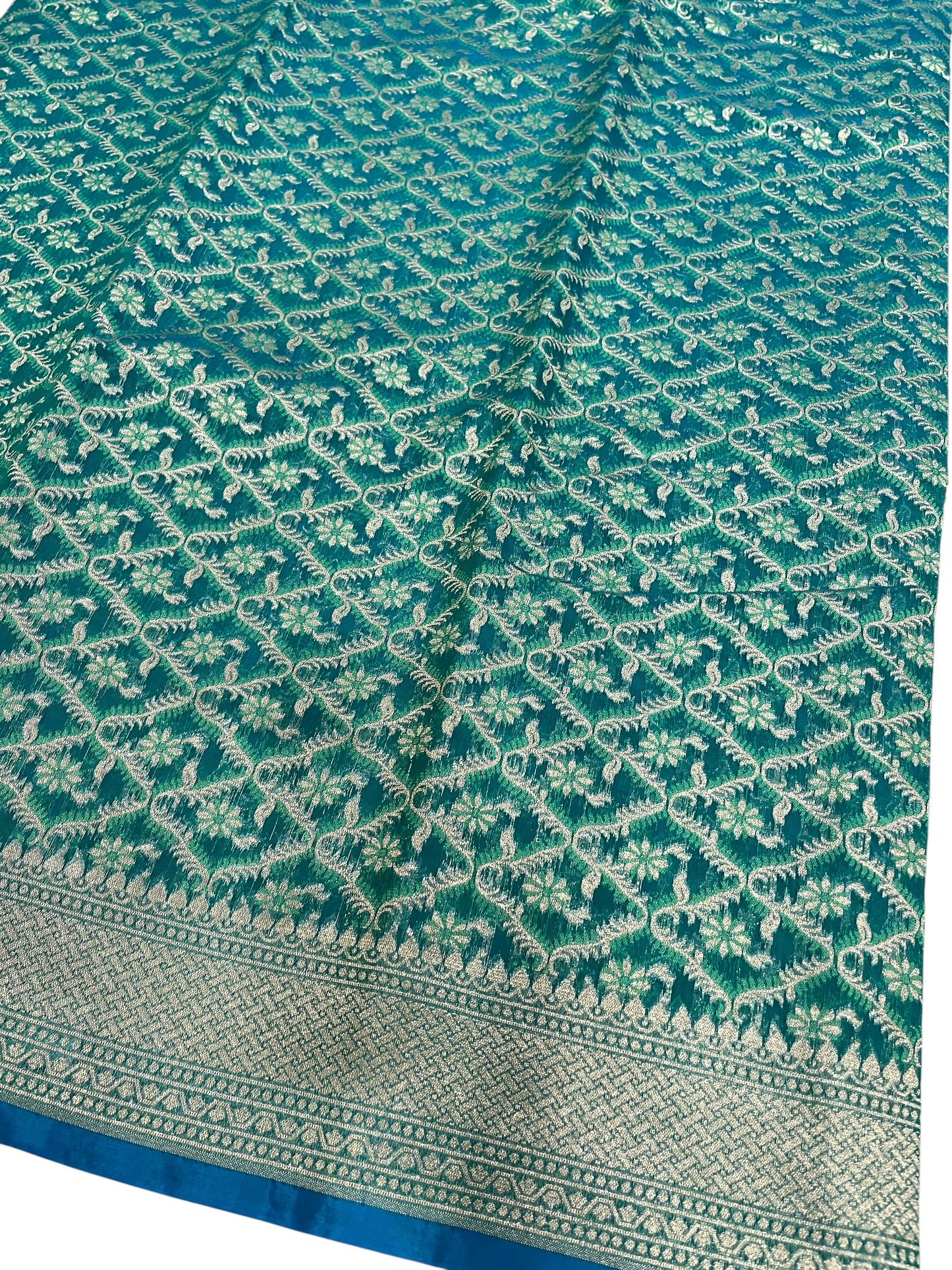 Southloom Cotton Banarasi Silk Saree with Woven Work on Body and Borders (Blue & Green)