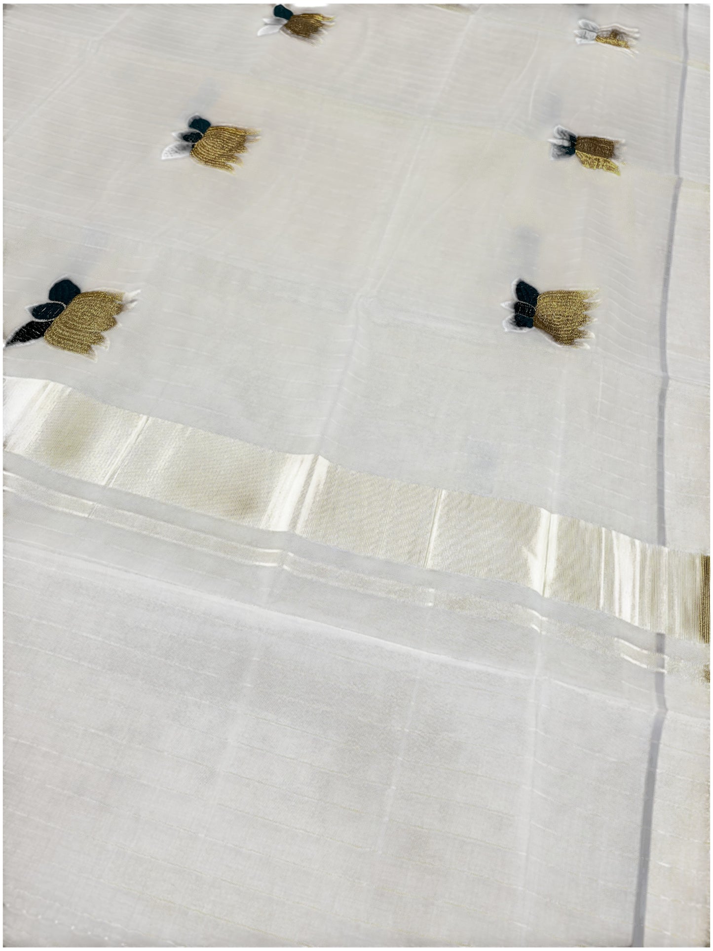 Southloom Kerala Tissue Kasavu Lines Saree with Gold and Green Lotus Embroidery Works