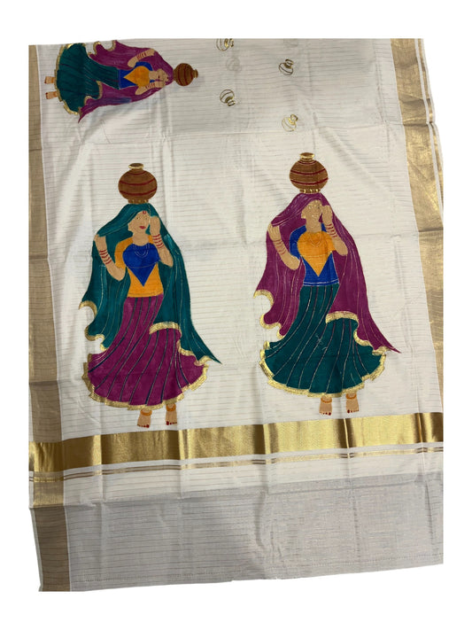 Southloom Kerala Cotton Kasavu Line Saree with Hand Painted &Embroidery Design