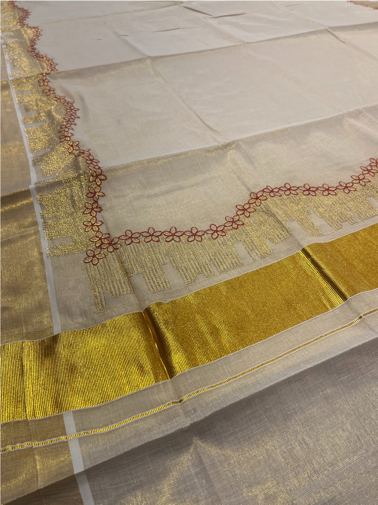 Southloom Kerala Tissue Kasavu Plain Saree with Red Floral Embroidery Works