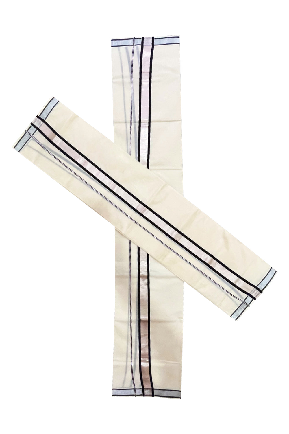 Kerala Cotton Set Mundu Single (Mundum Neriyathum) with Black and Silver Kasavu Border 2.80 Mtrs