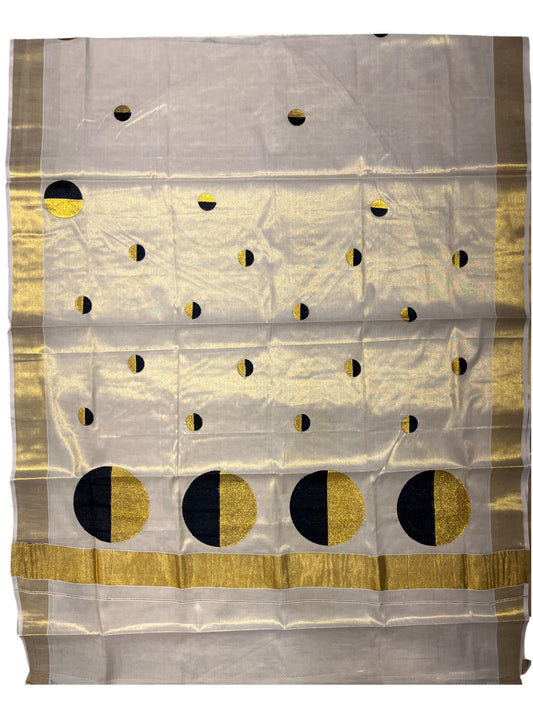 Southloom Kerala Tissue Kasavu Saree With Black Polka Dots Embroidery on Body