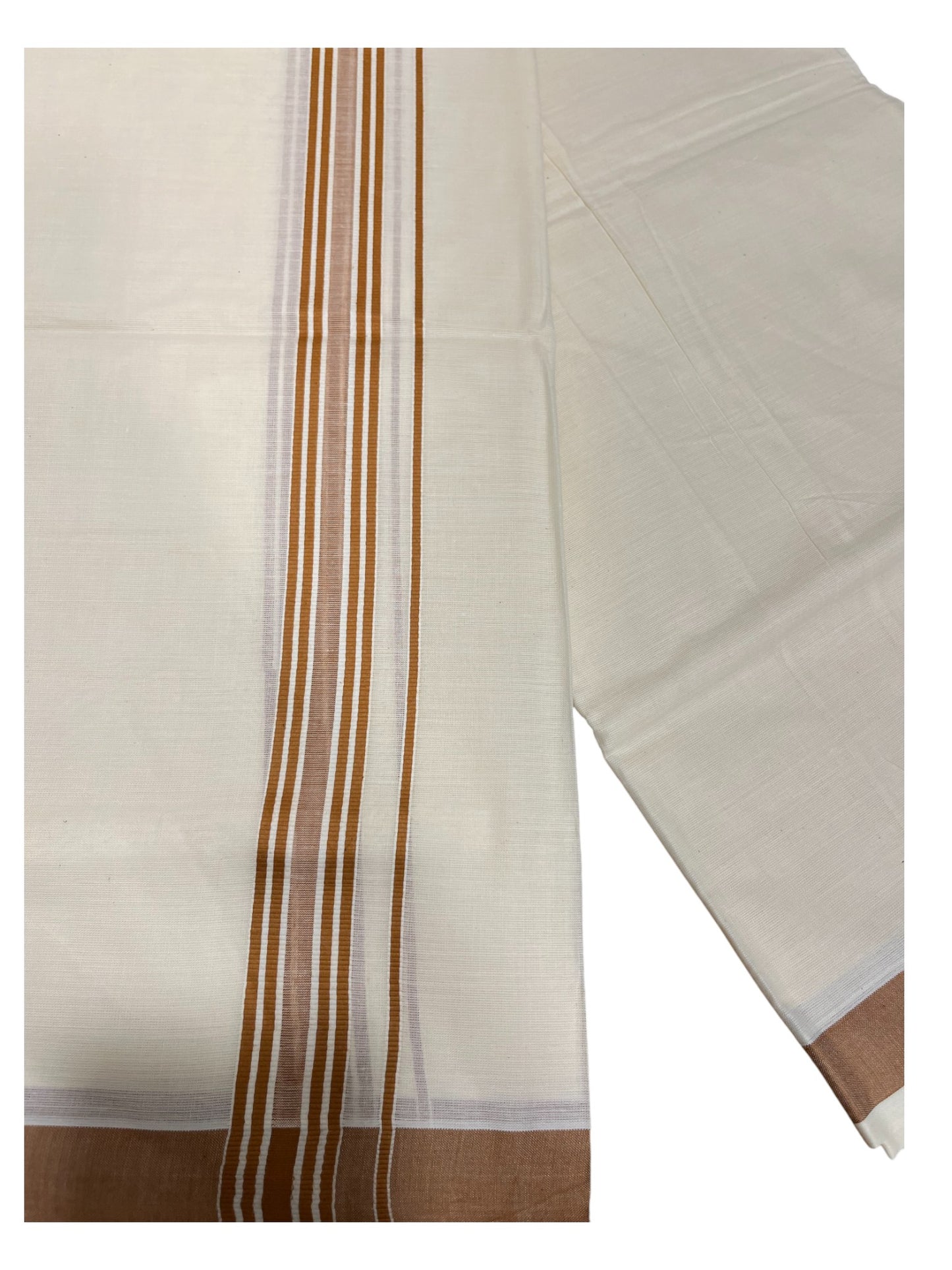 Southloom Pure Cotton Double Mundu With White Lines &Brown Border (South Indian Kerala Dhoti)