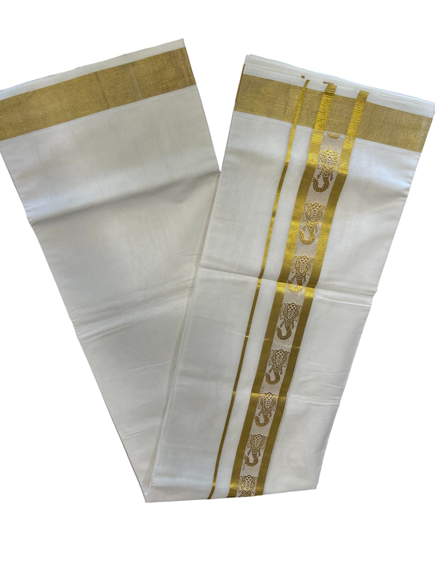 Southloom Premium Handloom Cotton Double Mundu with Gold Kasav Border