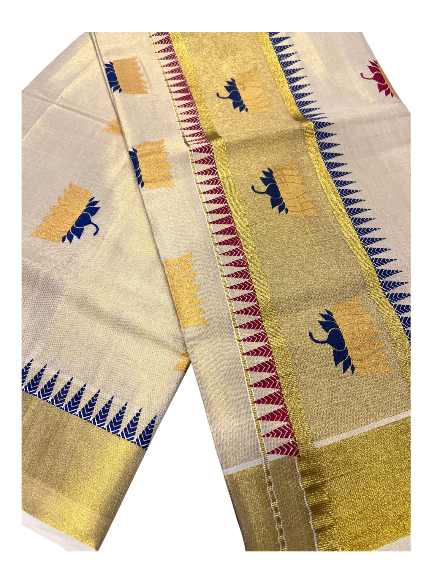 Southloom Kerala Tissue Kasavu Saree with Lotus Hand Printed Work in Blue&Maroon