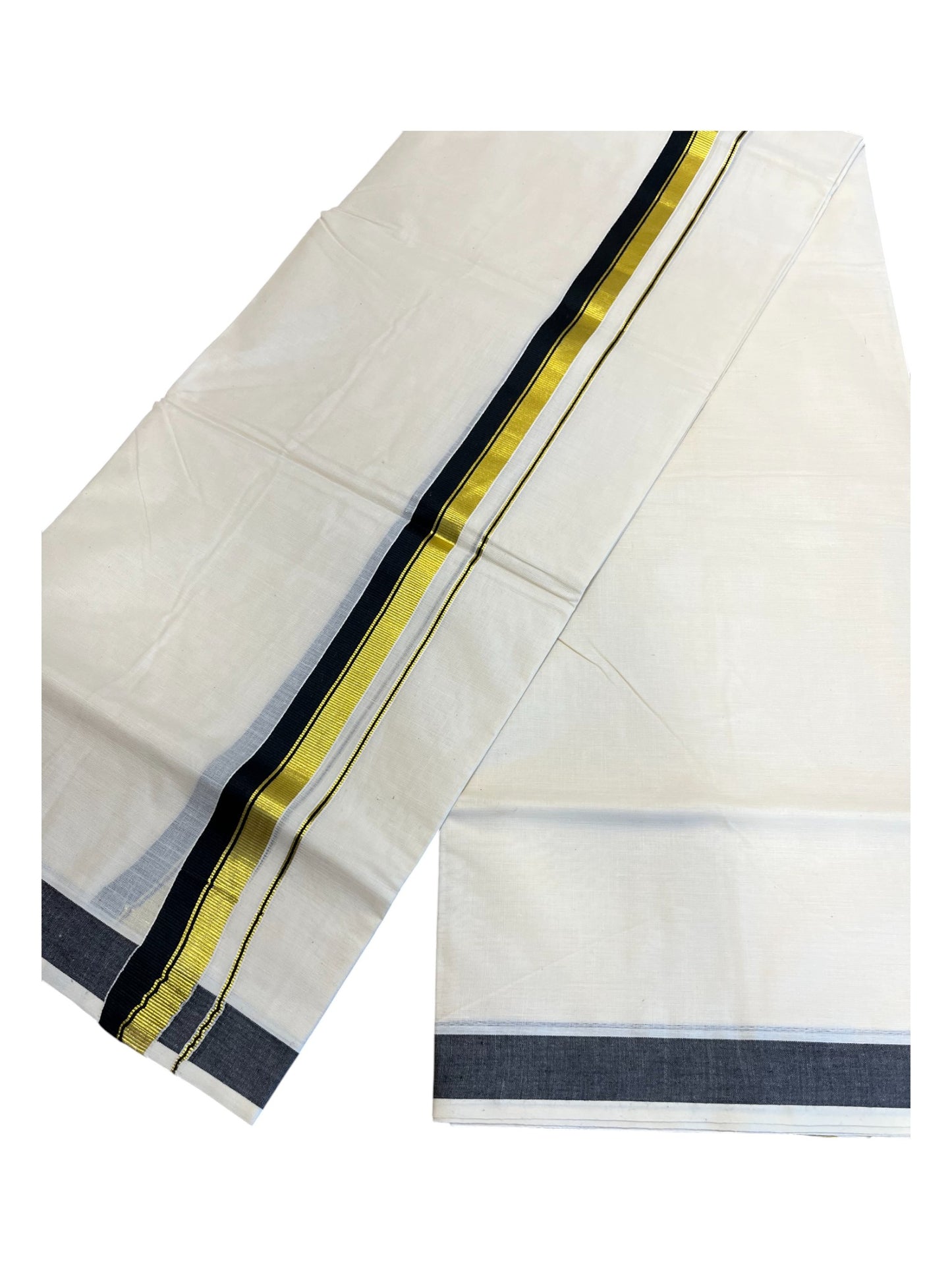 Southloom Pure Cotton Double Mundu With Gold Kasavu & Black Border (South Indian Kerala Dhoti)