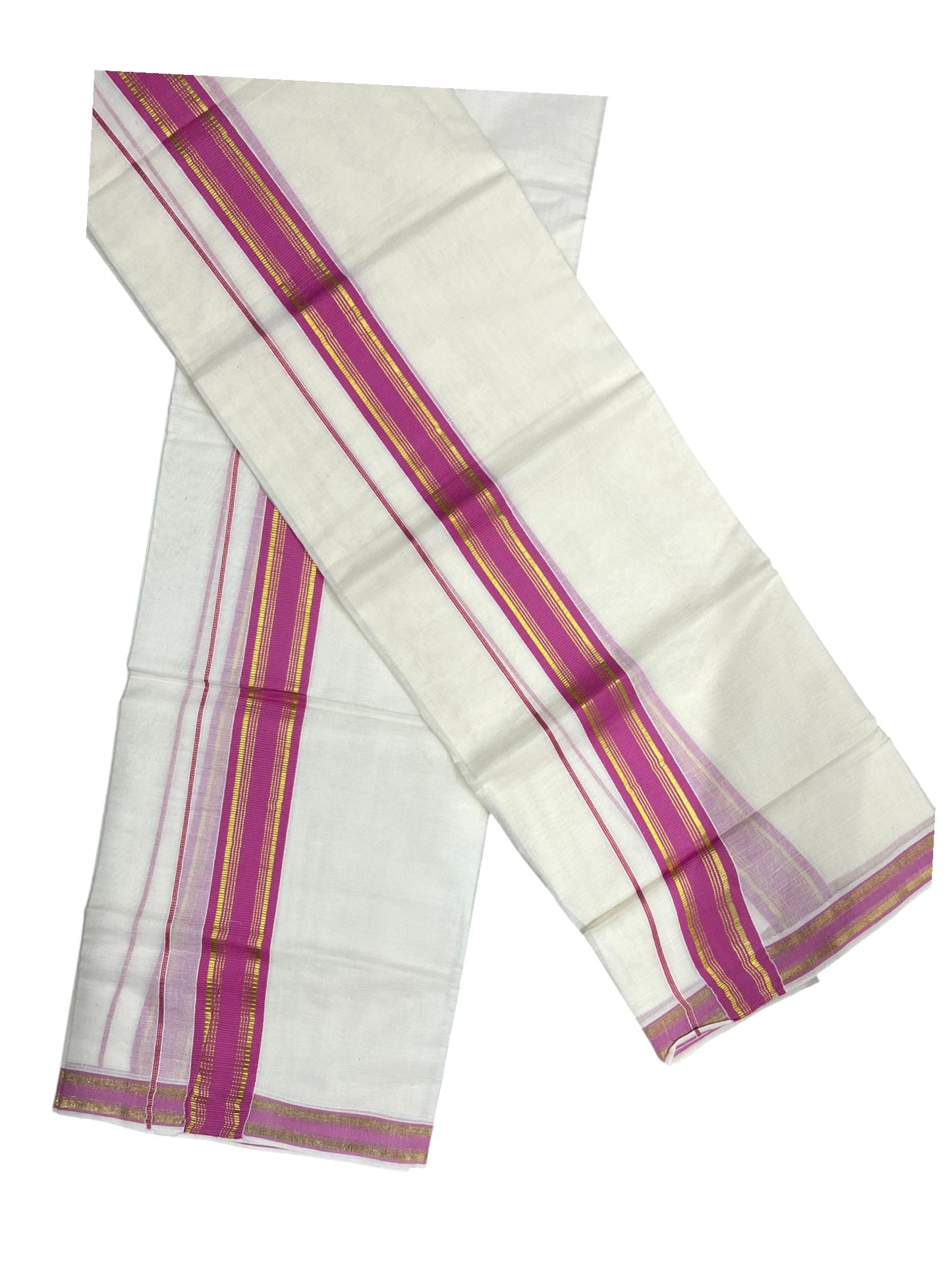 Southloom Kerala Cotton Single Set Mundu (Mundum Neriyathum) with Kasavu and Pink Border in 2.80 Mtrs SLKK SL470