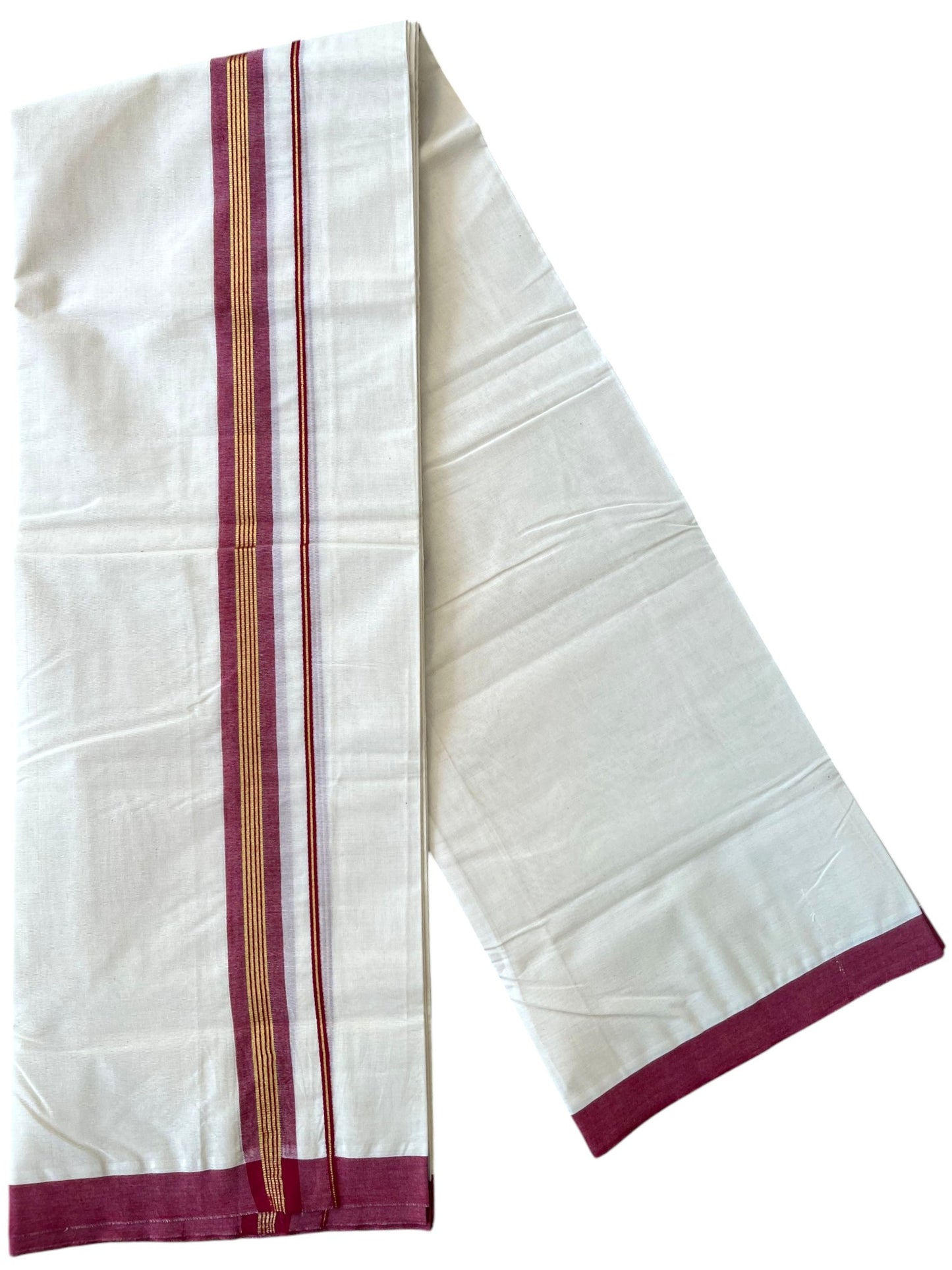 Southloom Pure Cotton Mundu with Golden Lines and Maroon Border (South Indian Kerala Dhoti)