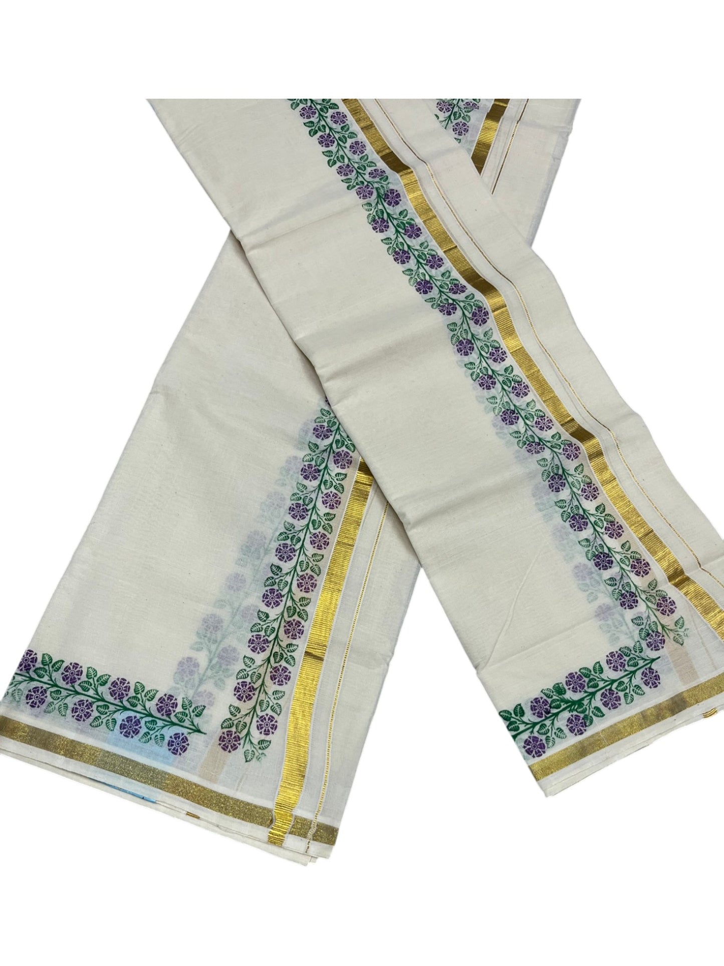 Southloom Pure Cotton Kerala Single Floral Print Set Mundu (Mundum Neriyathum) Violet and Green Border in 2.80 mtrs