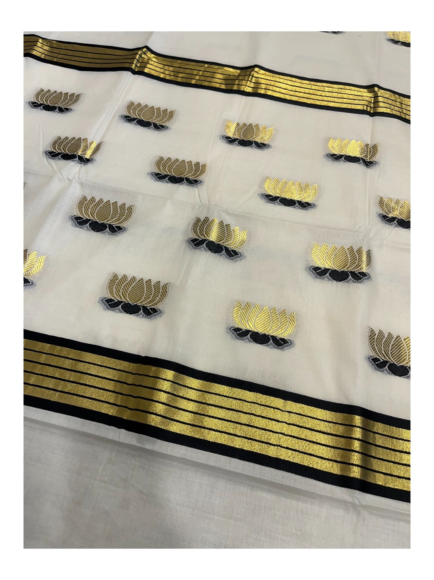 Southloom Kerala Cotton Kasavu Saree with Lotus Woven Work in Black