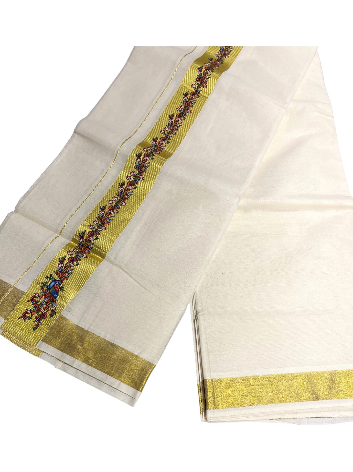 Southloom Pure Cotton Off White Double Mundu with Mural Printed Design Along Kasavu Kara