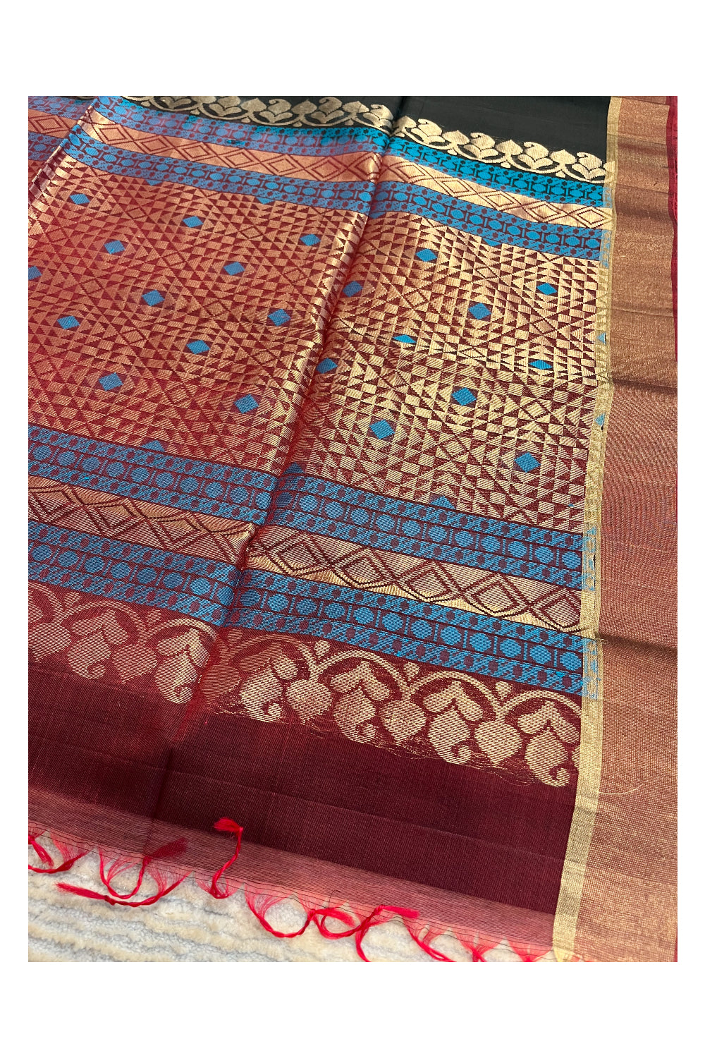 Southloom Pure Handloom Cotton Silk Saree With Handwoven Work Across Body and Blouse in Black And Maroon