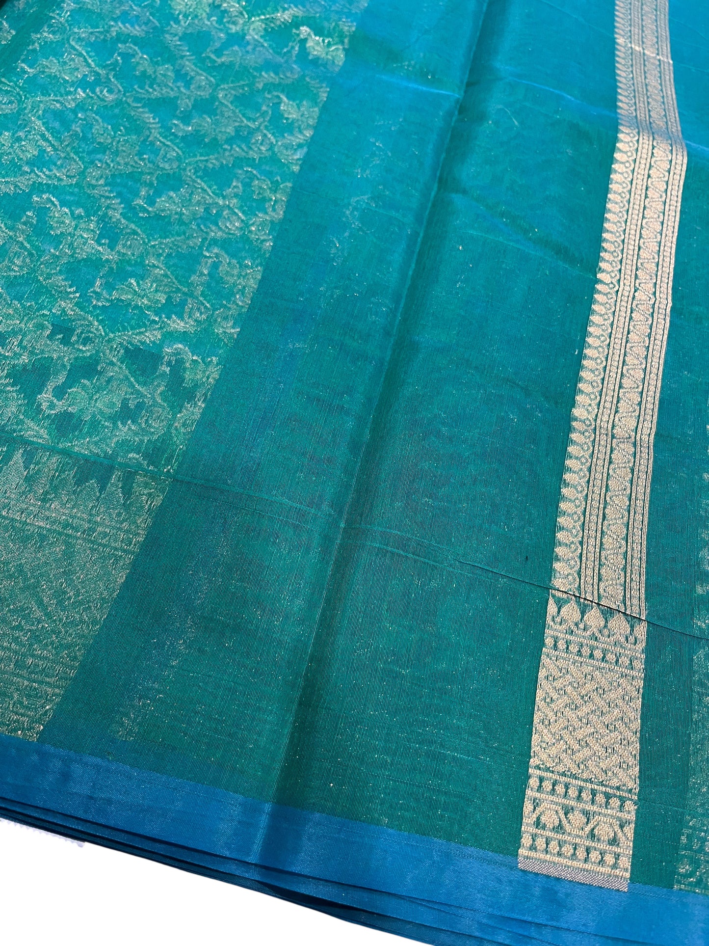 Southloom Cotton Banarasi Silk Saree with Woven Work on Body and Borders (Blue & Green)