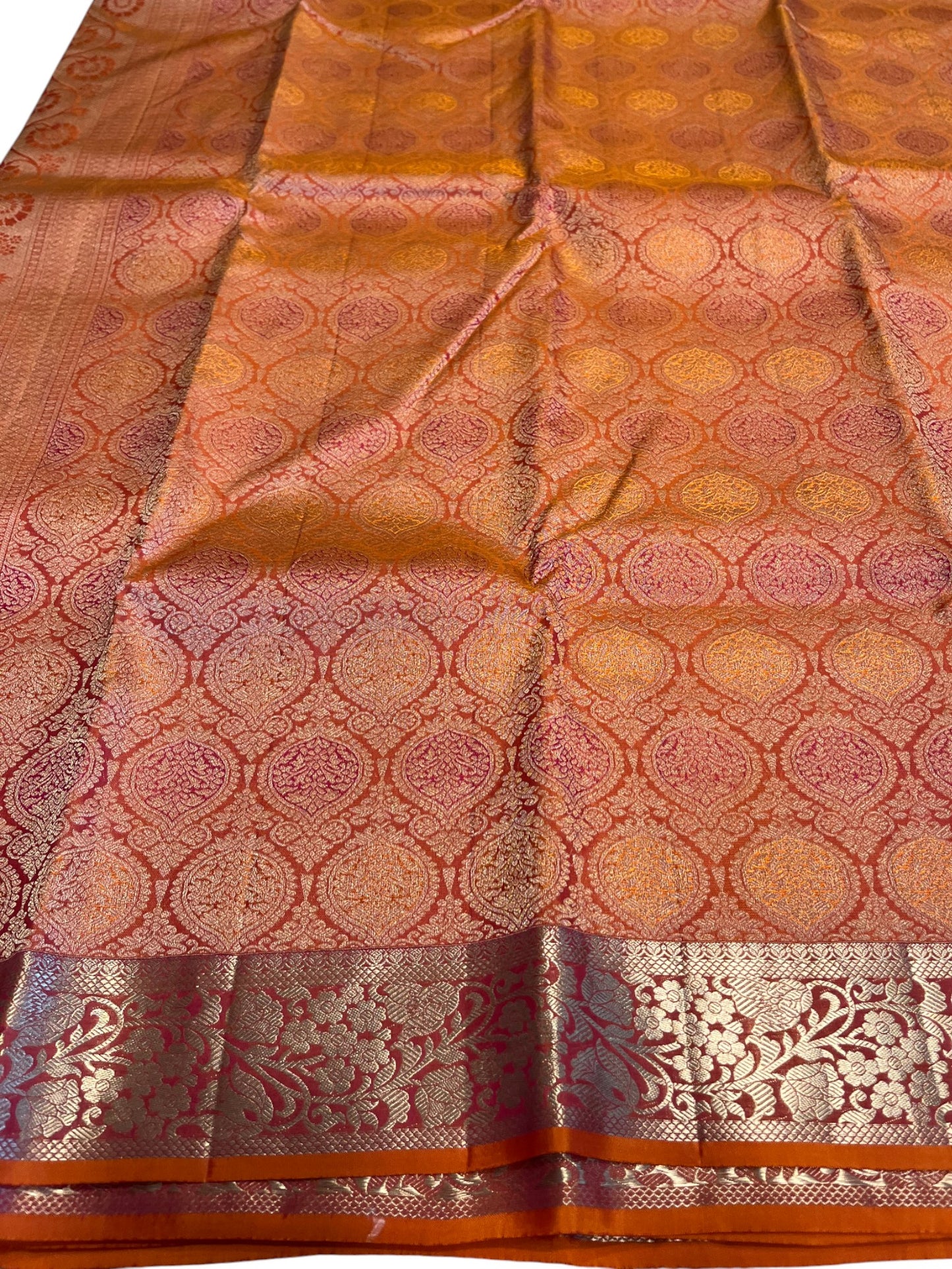Southloom Premium Handloom Bridal Kanchipuram Silk Saree with Korvai Work (Orange)