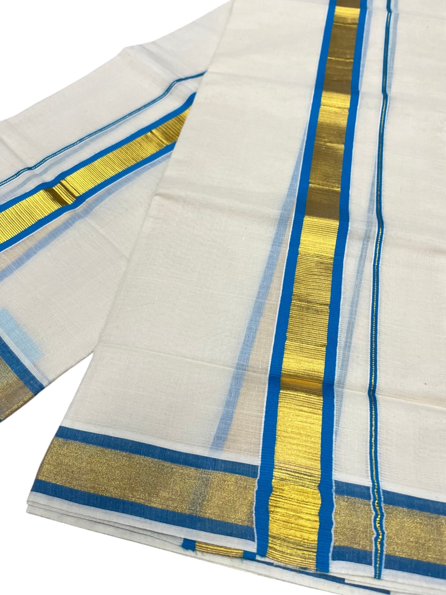 Kerala Cotton Set Mundu (Mundum Neriyathum) with Kasavu and Blue Border 2.80 Mtrs SL244
