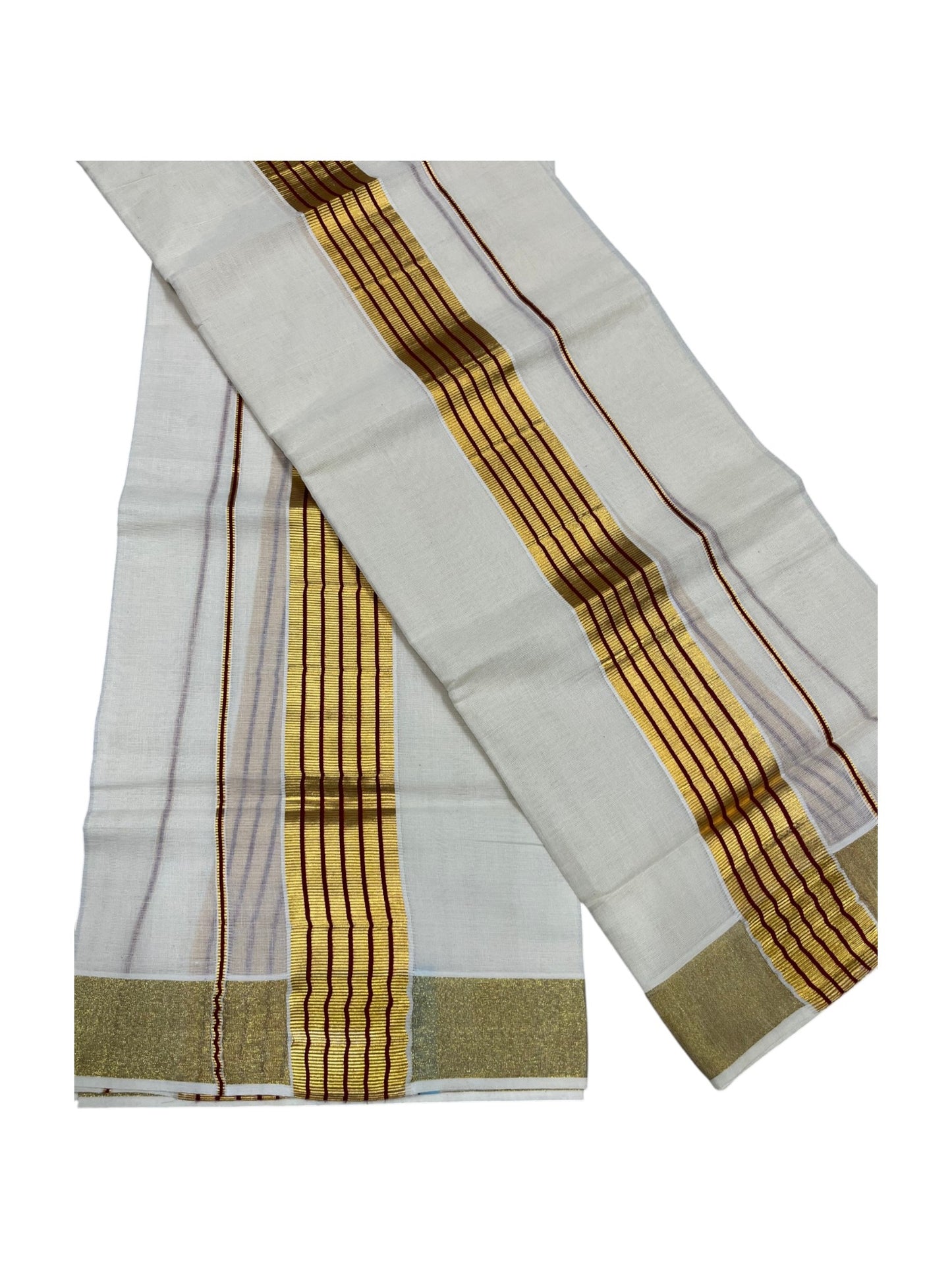 Southloom Pure Cotton Kerala Kasavu Set Mundu (Mundum Neriyathum) Kasavu & Maroon Border in 2.80 Mtrs