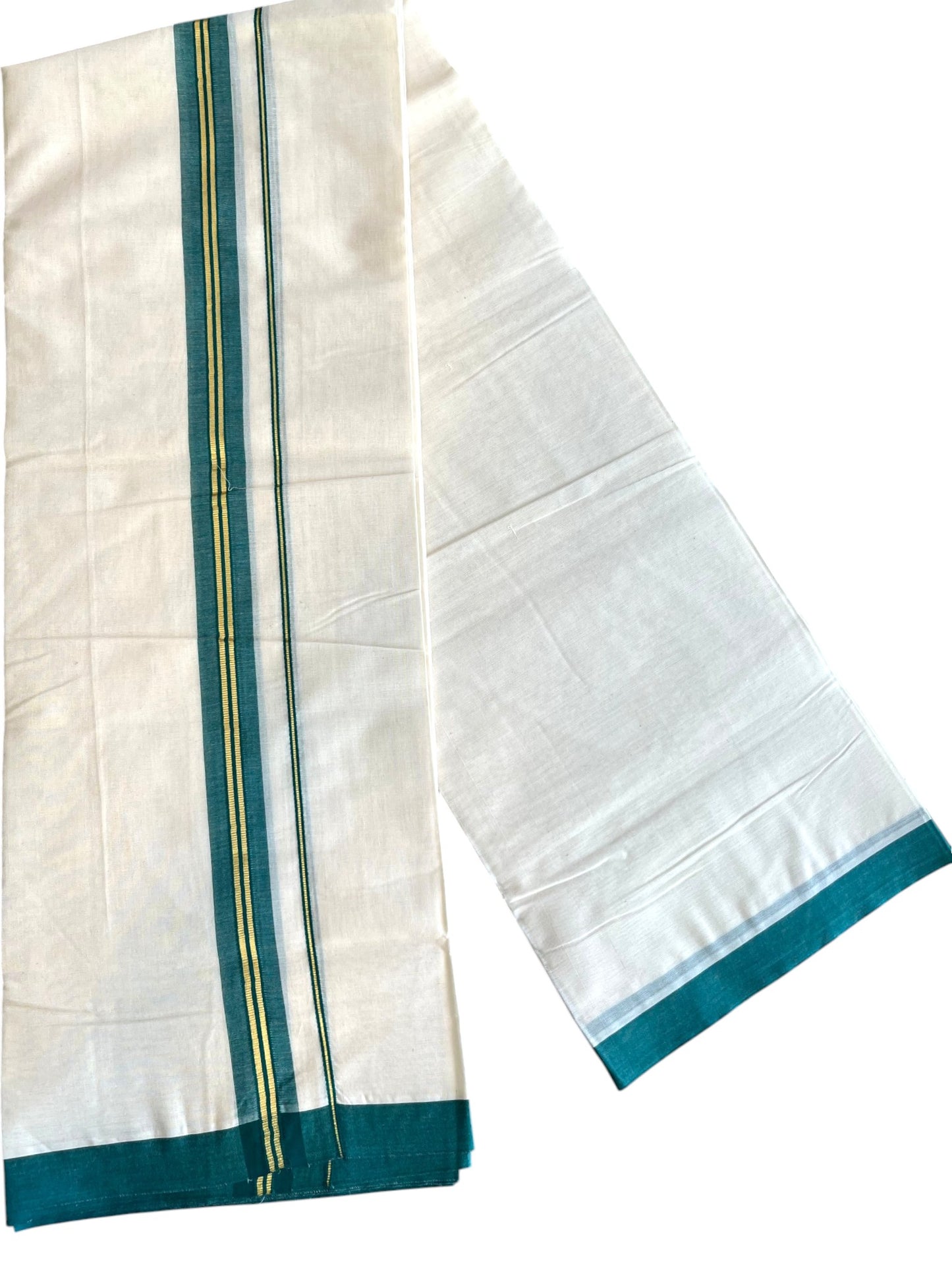 Southloom Pure Cotton Mundu with Golden Lines and Peacock green Border (South Indian Kerala Dhoti)