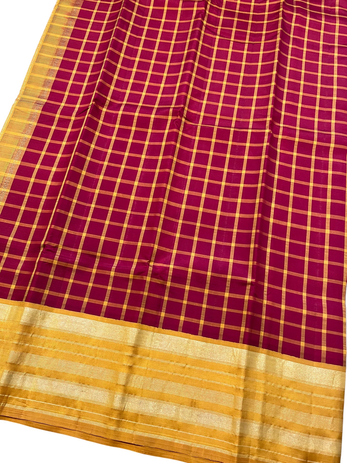 Southloom Premium Handloom Bridal Kanchipuram Silk Saree with Check Design (Maroon & Yellow )