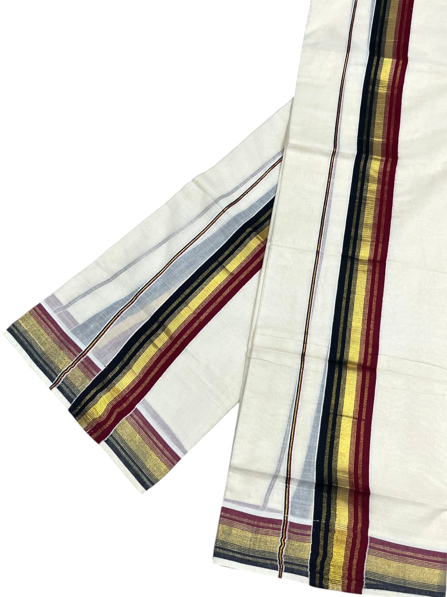 Southloom Kerala Cotton Kasavu Single Set Mundu (Mundum Neriyathum) with Black and Maroon Kasavu Border SLKK SL480