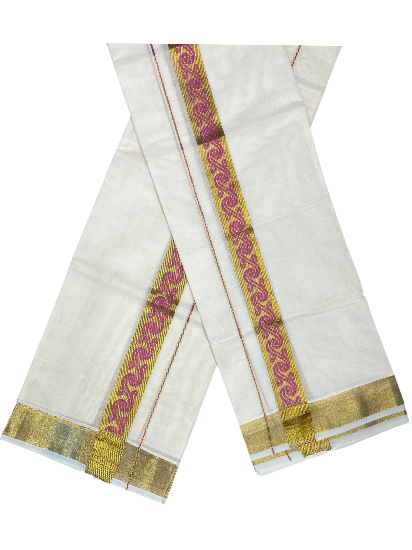 Southloom Kerala Pure Cotton Set mundu (Mundum Neriyathum) with Pink Block Prints on Kasavu Border-2.80Mtrs