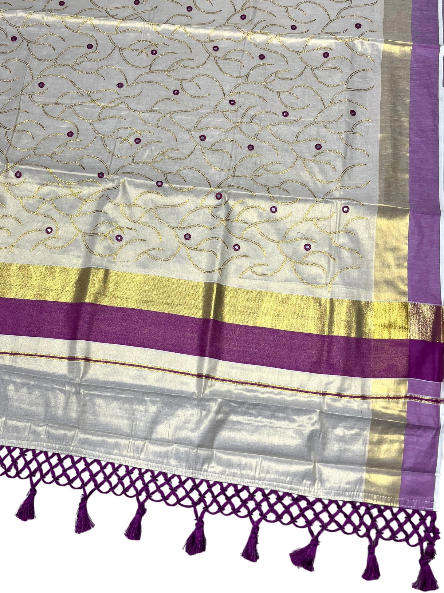 Kerala Tissue Kasavu Stripes Saree with Gold and Magenta Floral Embroidery Design on Body