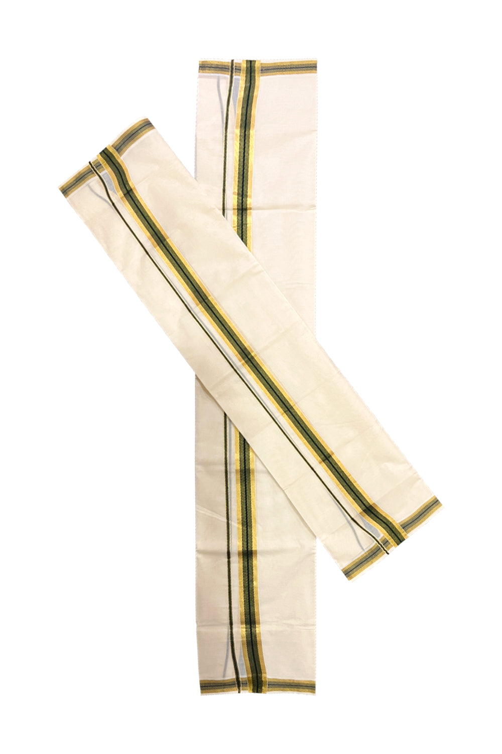Kerala Cotton Mundum Neriyathum Single (Set Mundu) with Kasavu and Green Border 2.80 Mtrs