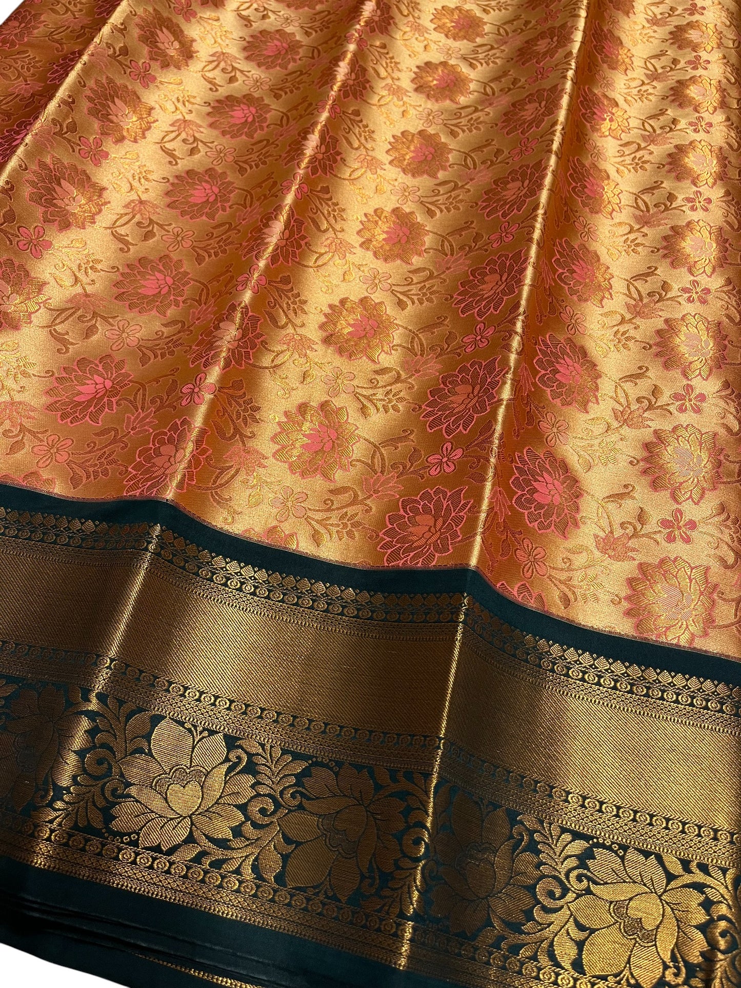 Southloom Banarasi Semi Silk Saree with Floral Zari Work Across Body (Peach & Green)