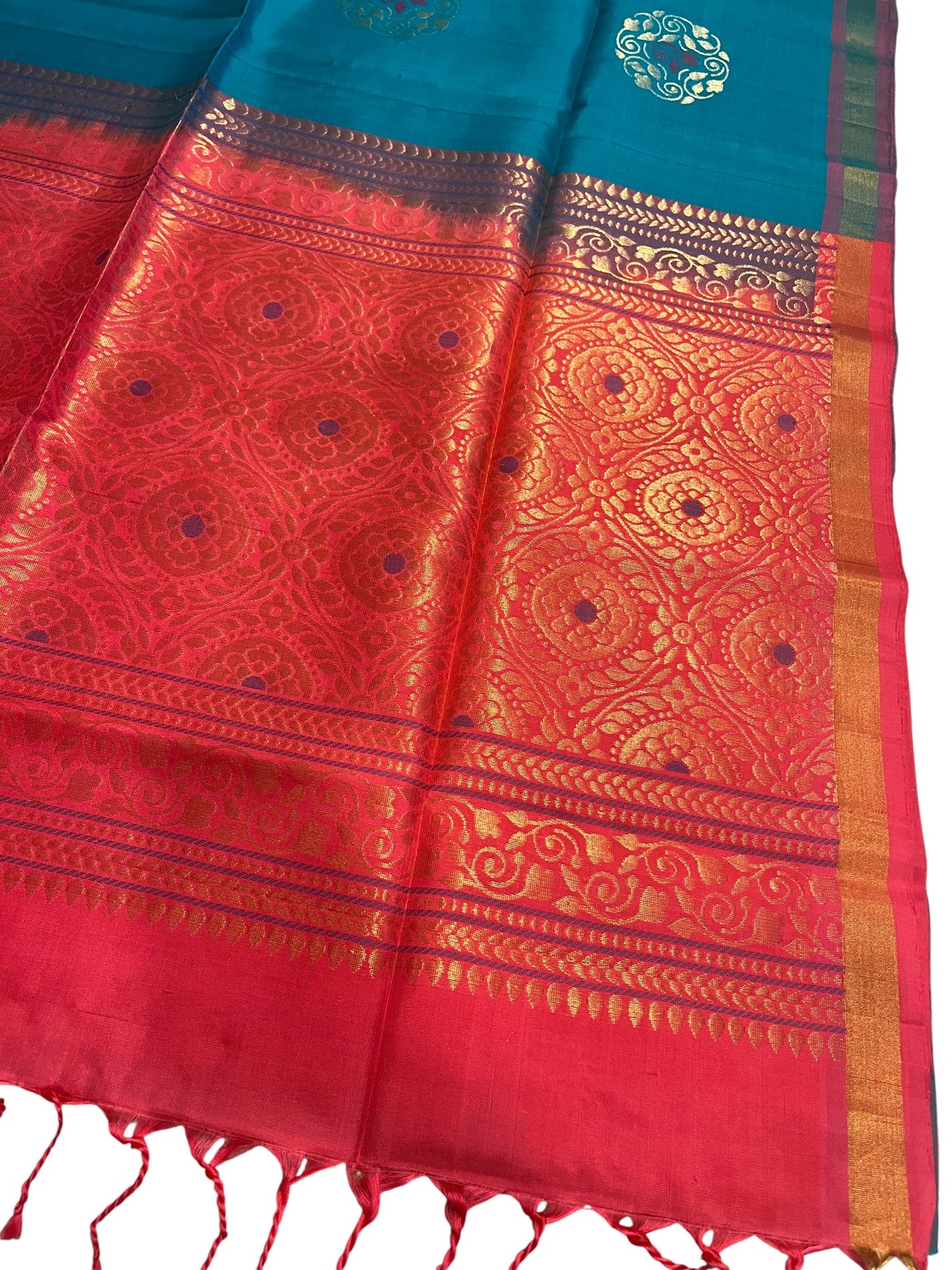 Southloom Pure Handloom Kanchipuram Silk Saree with Butta Work (Peach & Blue)
