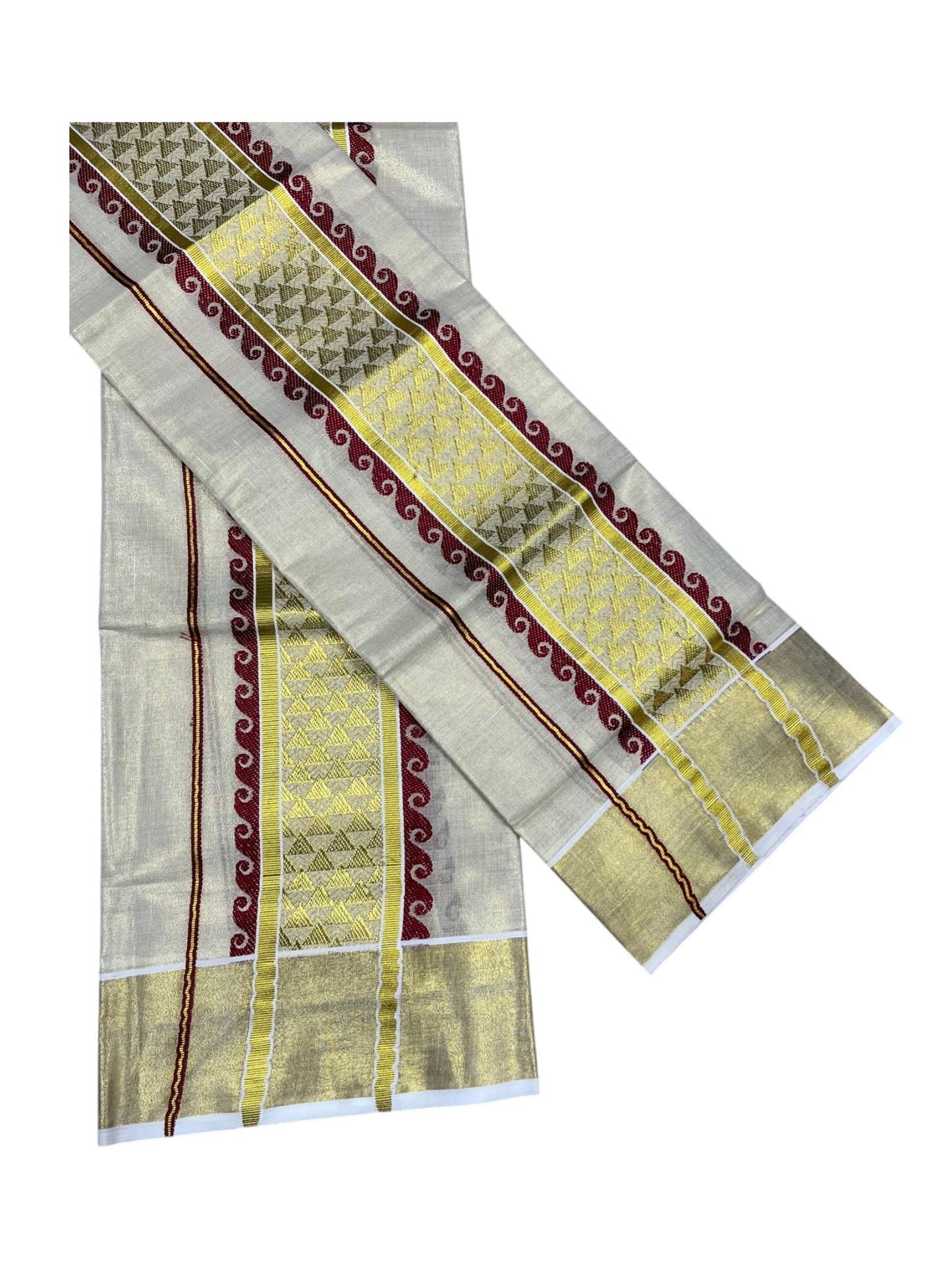 Kerala Tissue Single Set Mundu (Mundum Neriyathum) with Maroon and Kasavu Woven Border 2.80 Mtrs