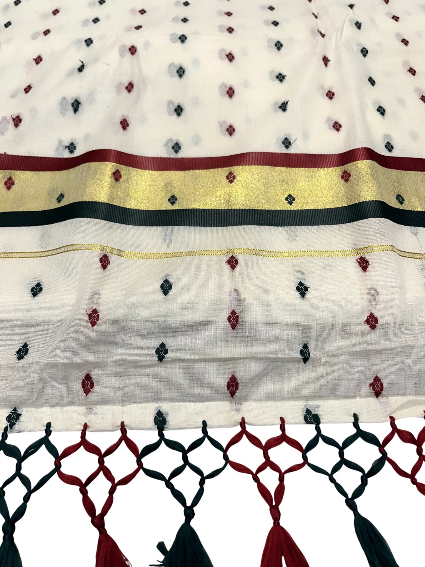 Southloom Cotton Kasavu Saree with Maroon and Green Thread Work Across Body