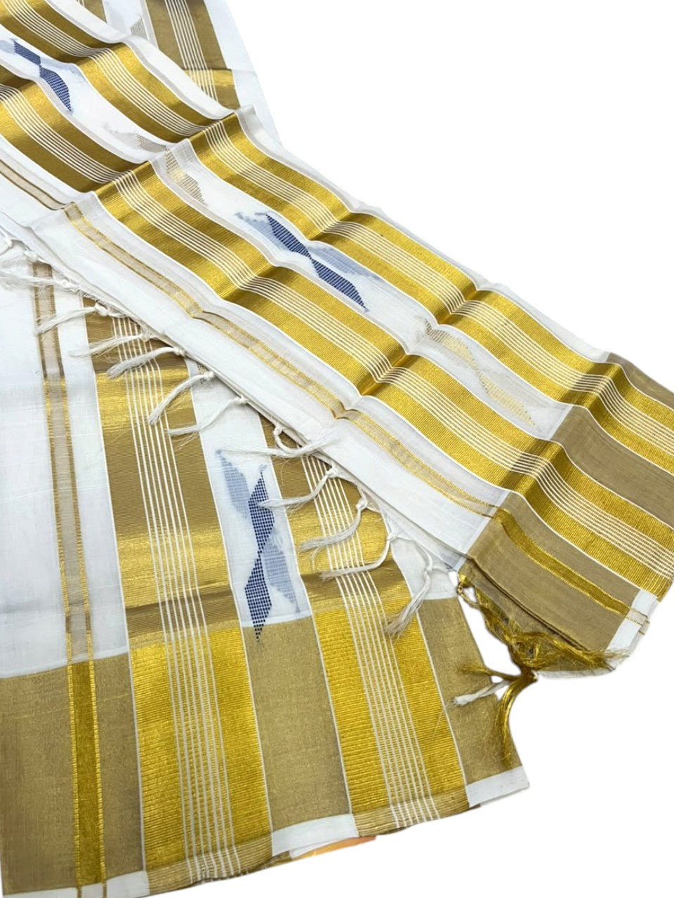 Southloom Premium Cotton Handloom Set Mundu with Kasavu With Blue and Golden Border (2.80 Mtr)