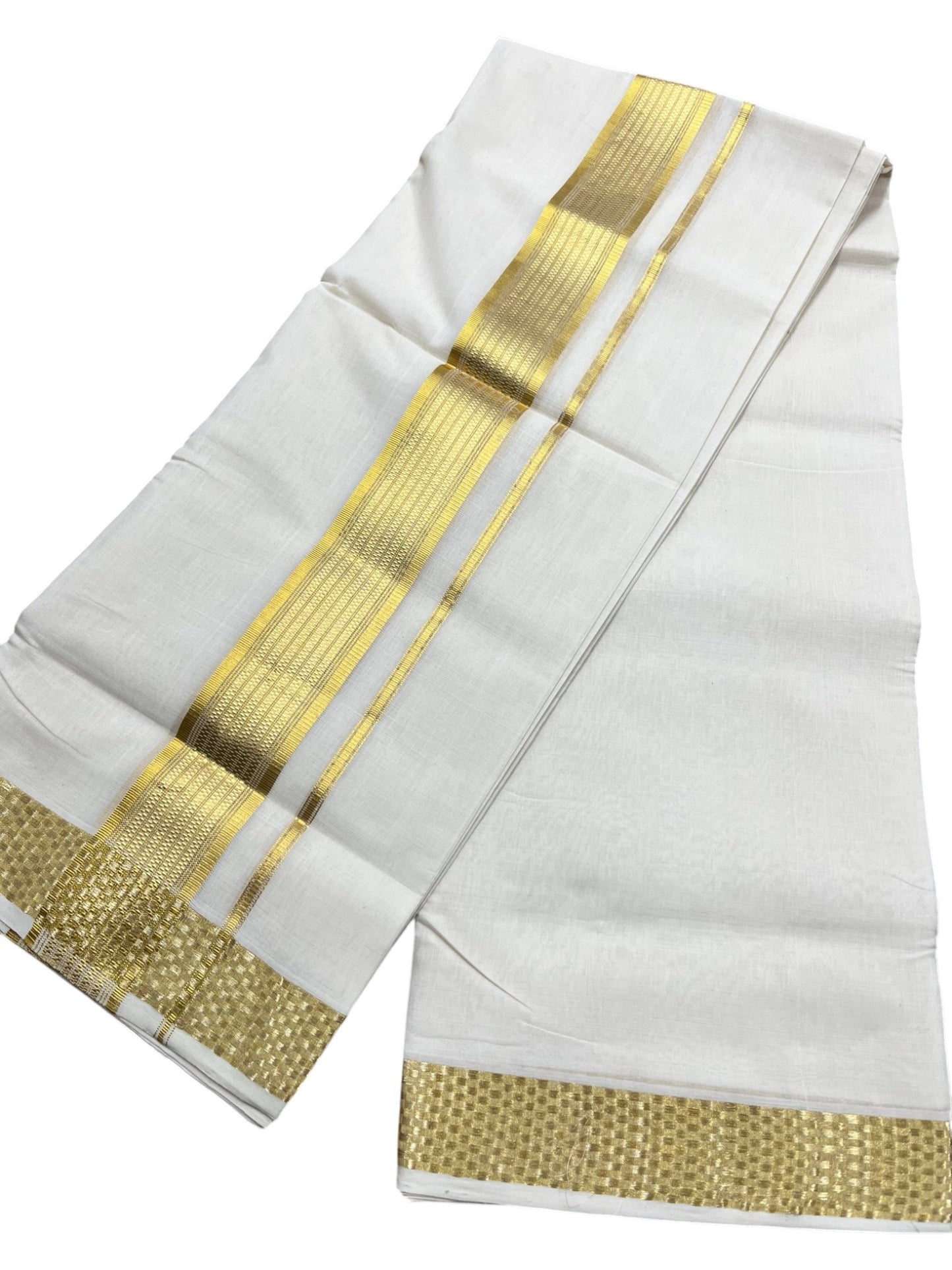 Southloom Premium Handloom Cotton Double Mundu with Gold Kasavu and Paa Neythu Border Border