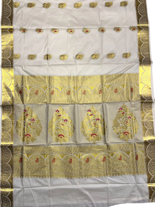 Southloom Cotton Kasavu Replica Saree with Red and Golden Works Across Body and Kasavu Border