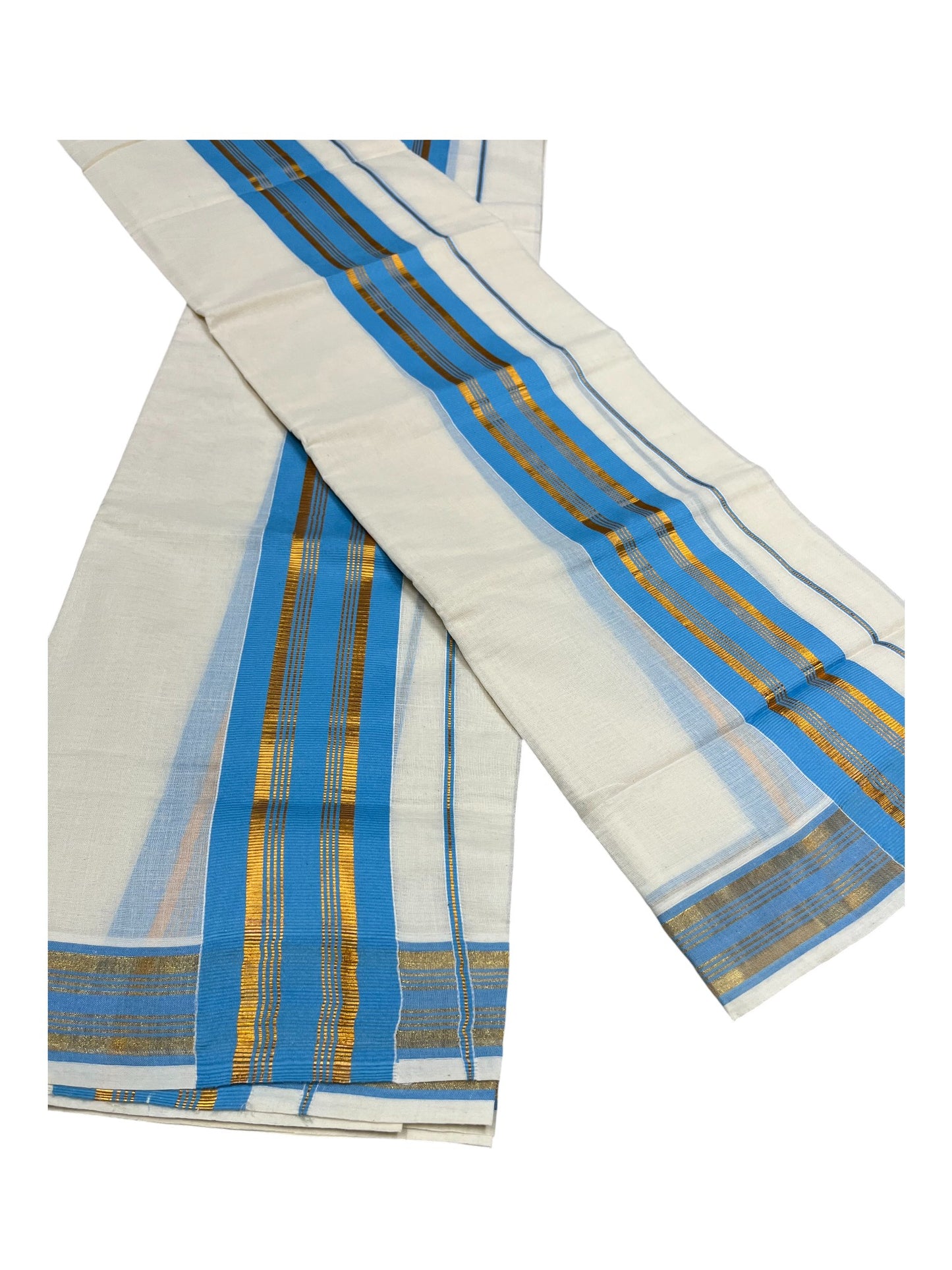 Kerala Cotton Kasavu Single Set Mundu (Mundum Neriyathum) with Blue Kasavu Border in 2.80 Mtrs