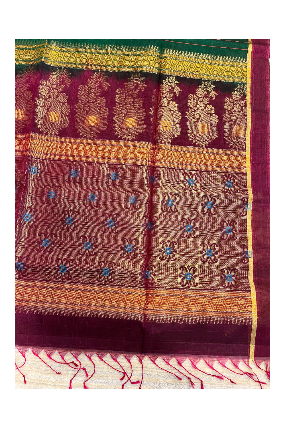 Southloom Pure Handloom Cotton Silk Saree With Handwoven Work Across Body and Blouse in Green And Magenta