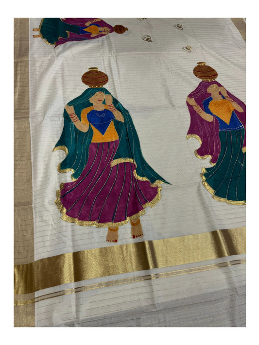 Southloom Kerala Cotton Kasavu Line Saree with Hand Painted &Embroidery Design