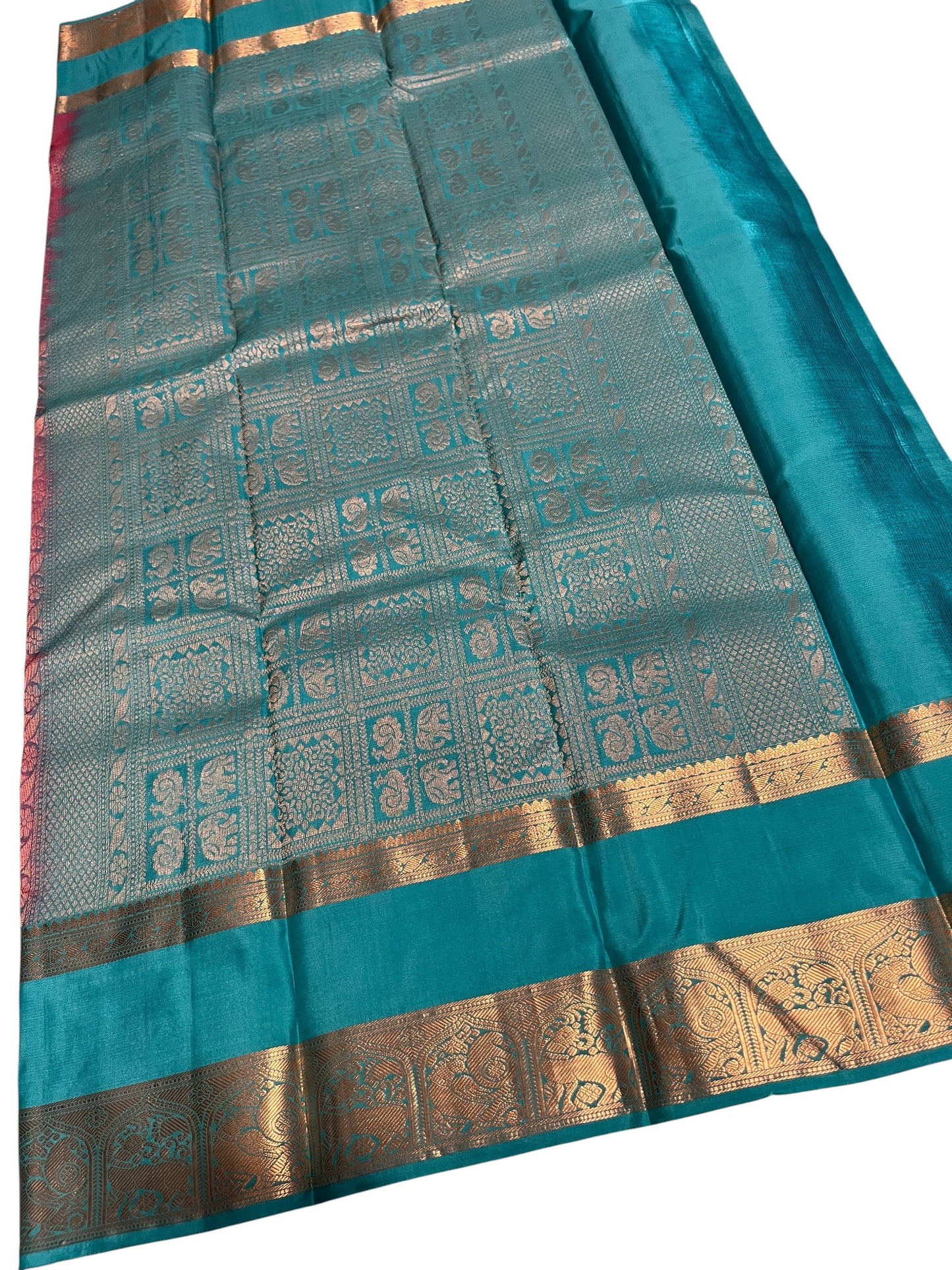 Southloom Premium Bridal Handloom Kanchipuram Silk Saree With Korvai Works (Pink & Blue)