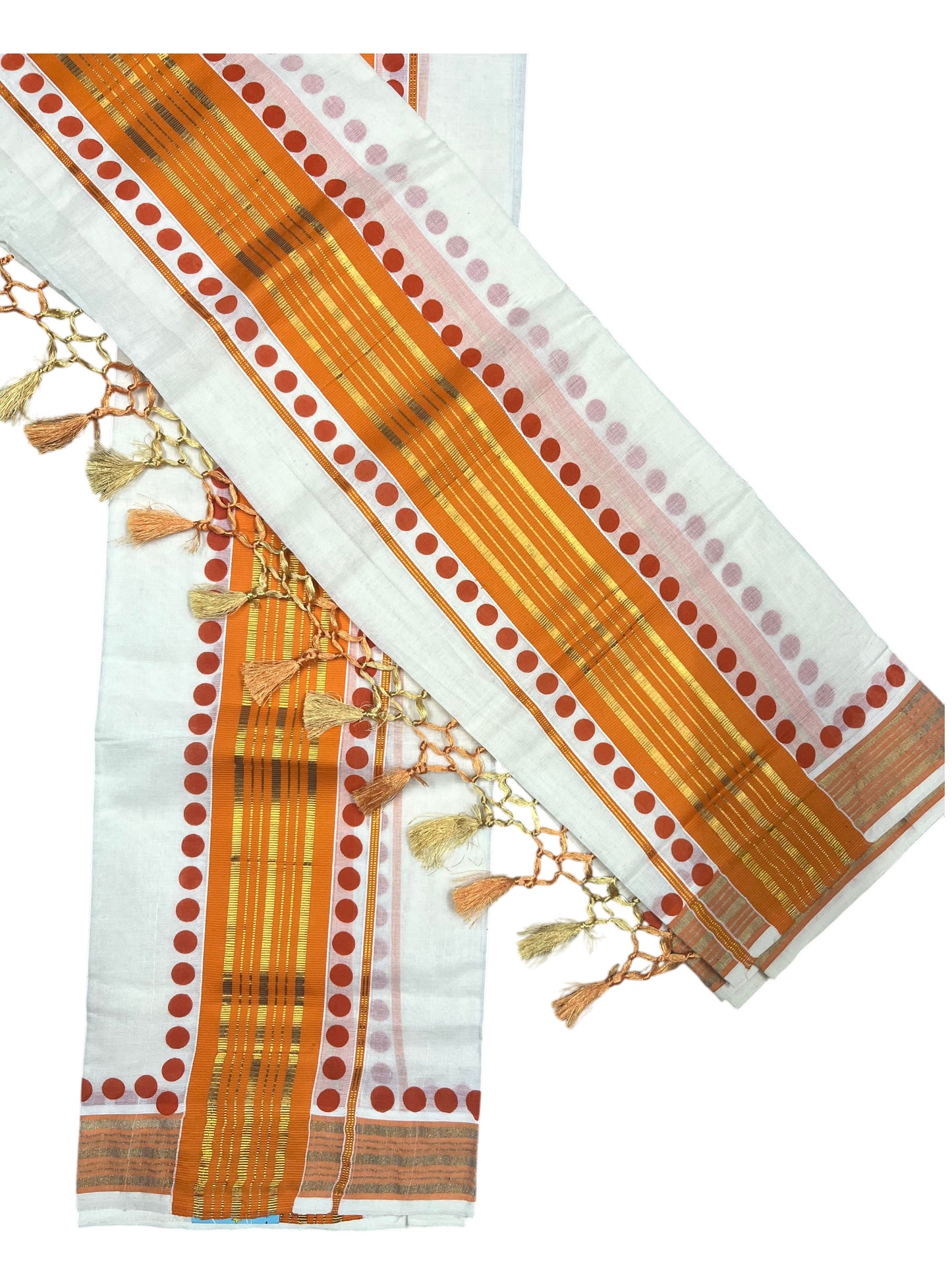 Southloom Kerala Cotton Kasavu Single Set Mundu (Mundum Neriyathum) with Orange Border With Polka Dots SLKK