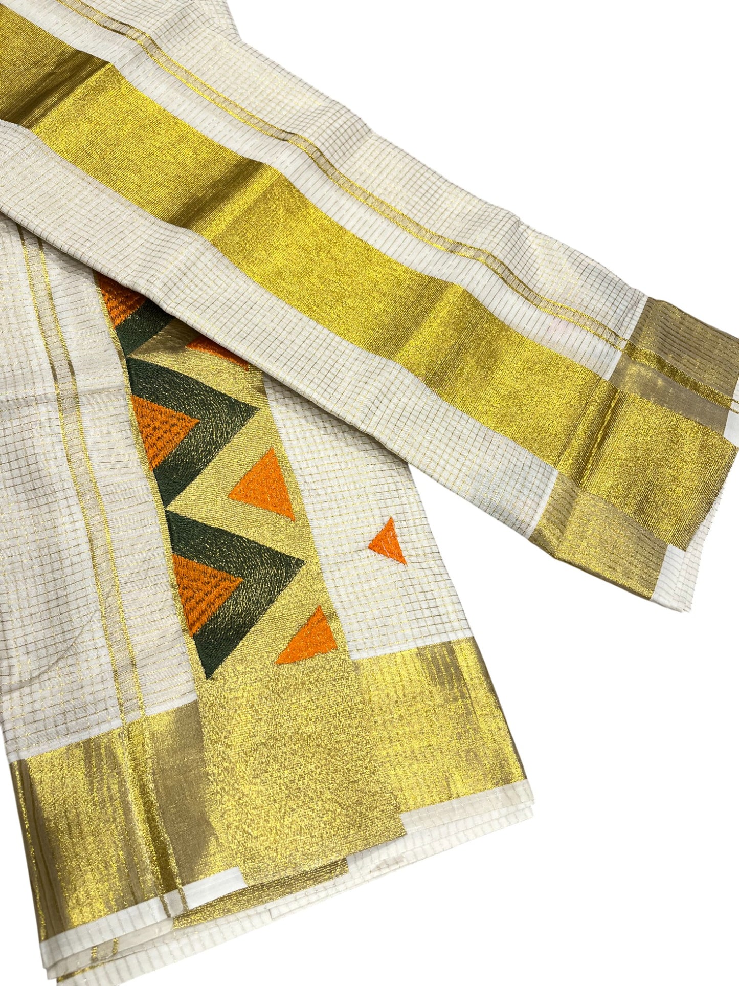 southloom Kerala TIssue Kasavu Mundum Neriyathum (Set Mundu) with Green Orange Embroidery Designs in Kasavu Border