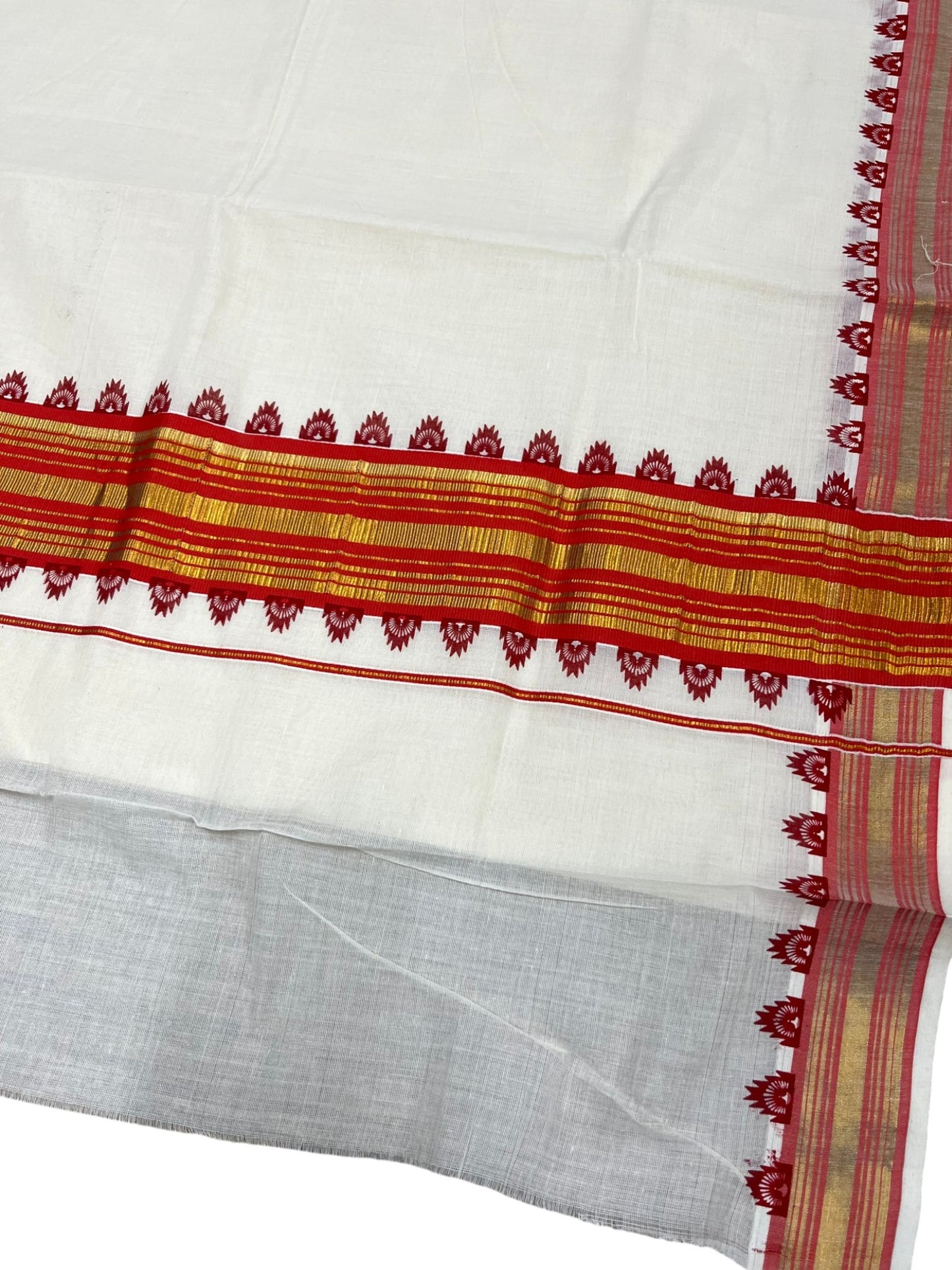 Southloom Cotton Kerala Kasavu Saree with Temple Design Border in Orange