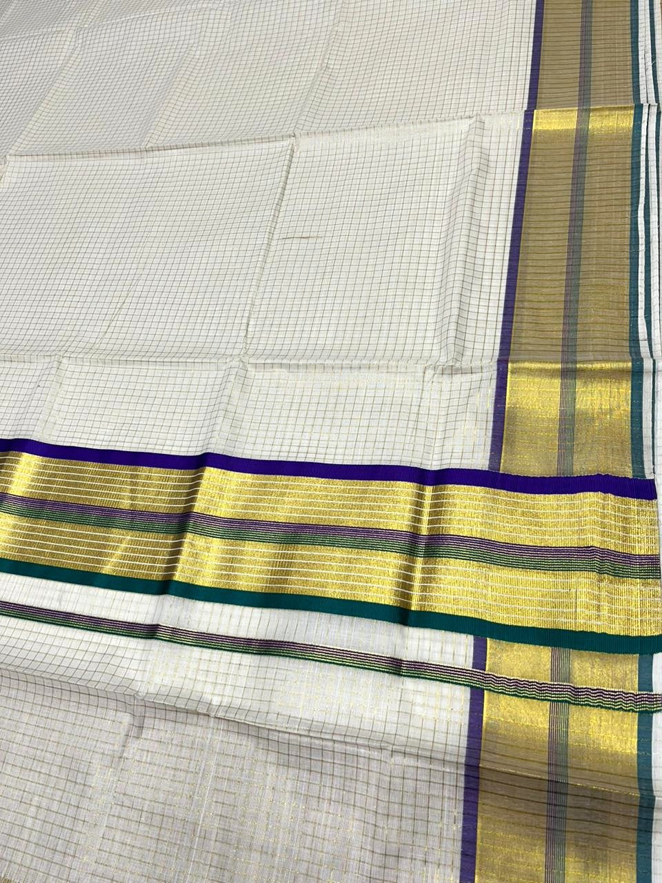 Southloom Kerala Cotton Kasavu Saree with Micro Check Design on Body in Violet & Peacock Green Border SL453