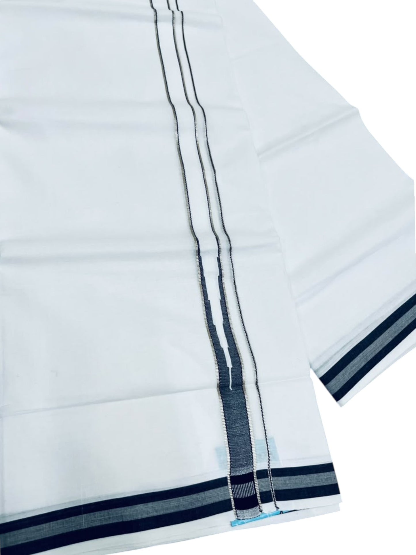 Southloom Pure White Cotton Double Mundu with Silver and Black Chutti Kara (South Indian Dhoti)