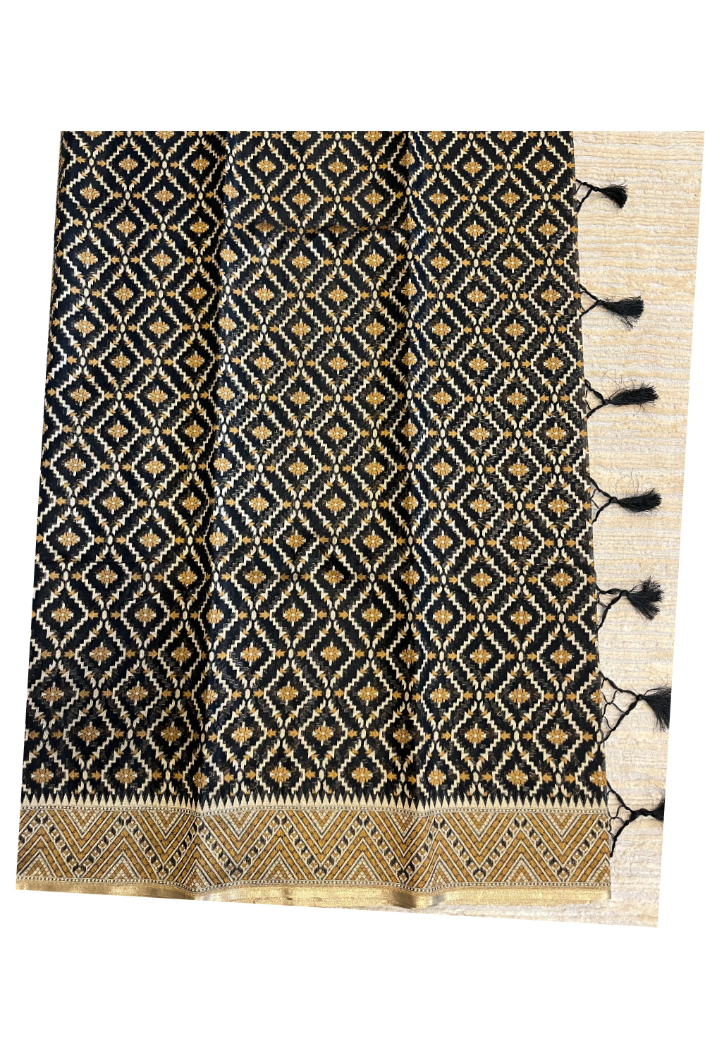 Southloom Cotton Banarasi Silk Saree with Woven Work in Black and Golden