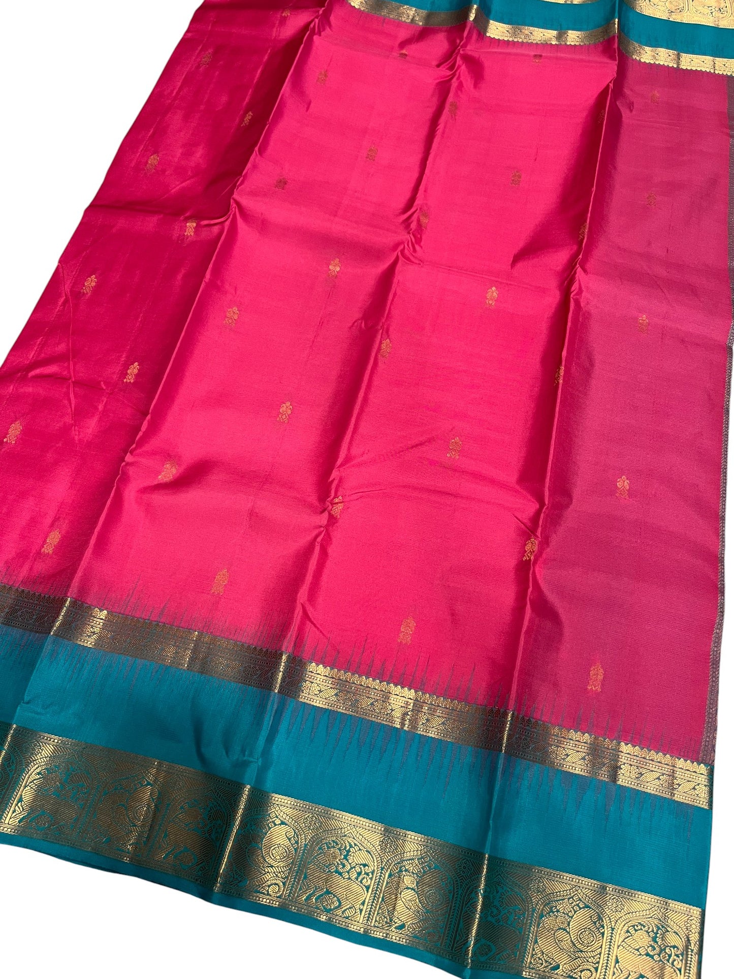 Southloom Premium Bridal Handloom Kanchipuram Silk Saree With Korvai Works (Pink & Blue)
