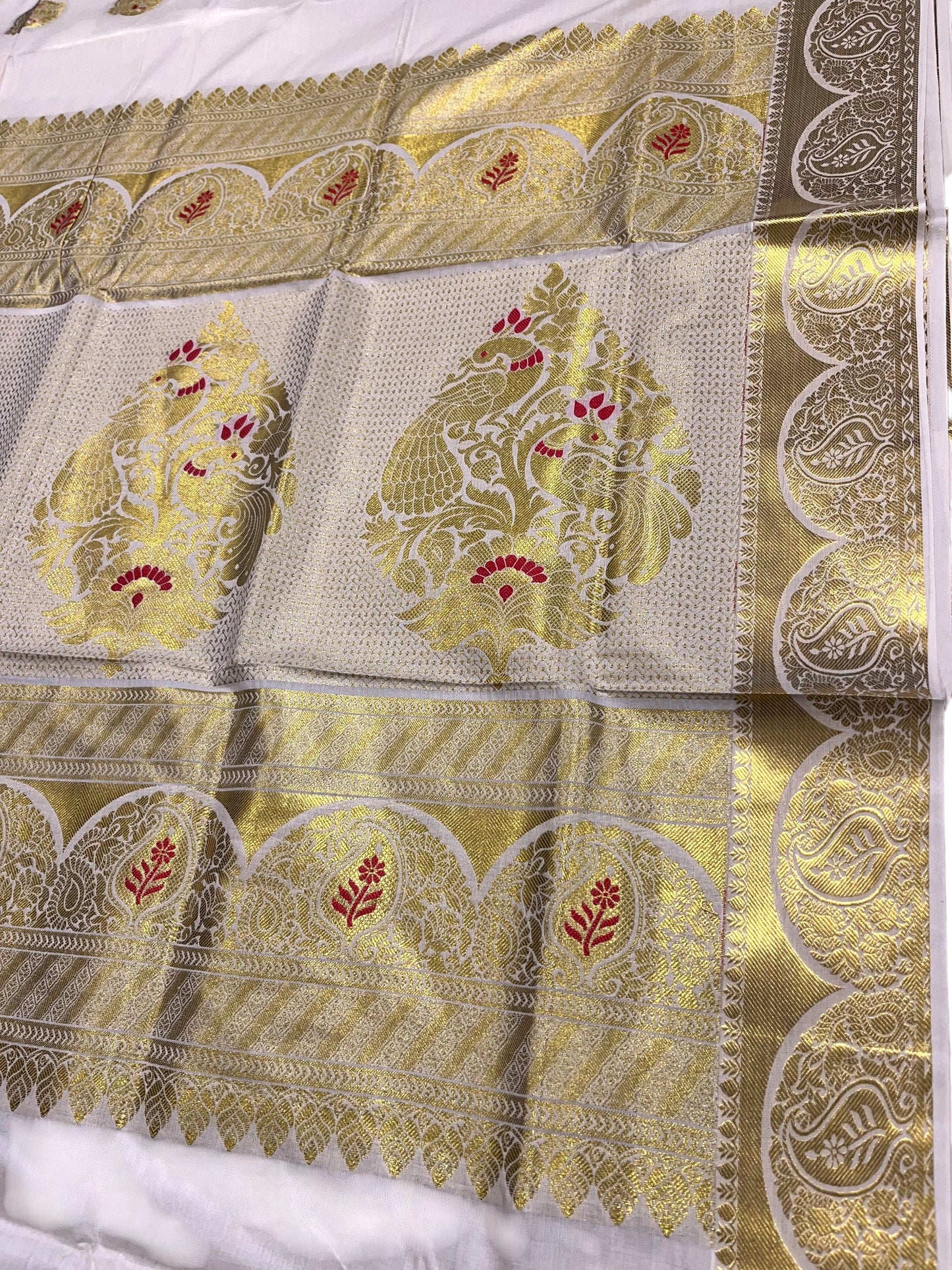 Southloom Cotton Kasavu Replica Saree with Red and Golden Works Across Body and Kasavu Border