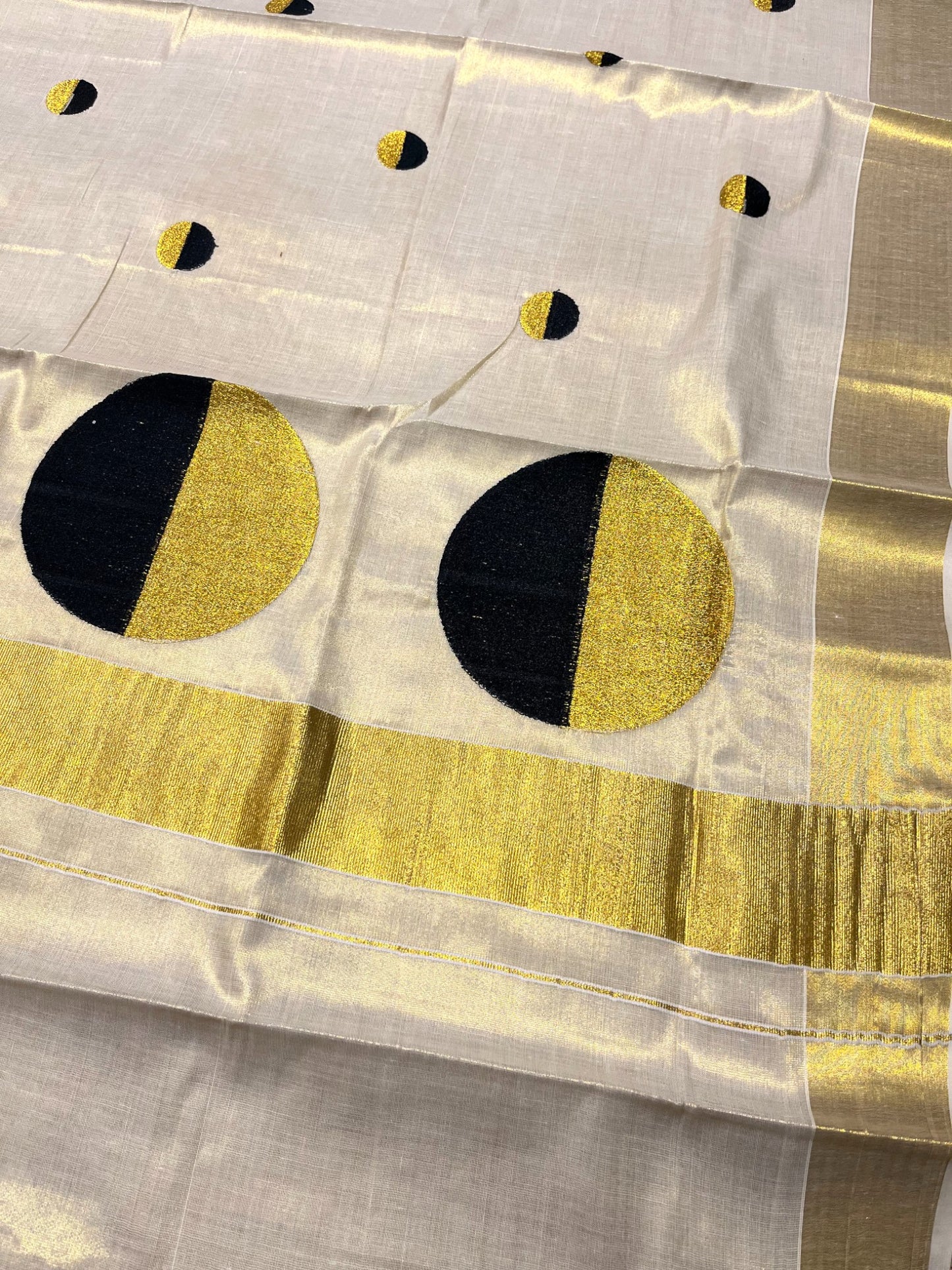 Southloom Kerala Tissue Kasavu Saree With Black Polka Dots Embroidery on Body SL346