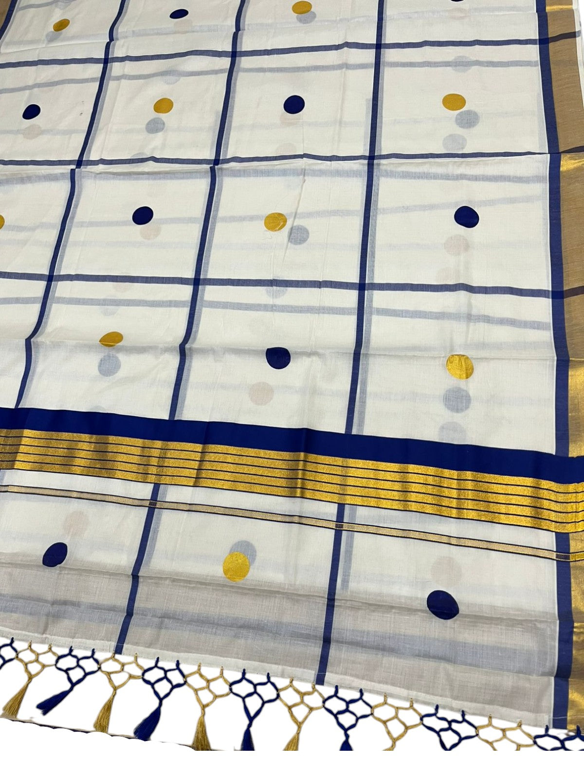 Southloom Kerala Cotton Kasavu Saree with Blue & Gold Polka Works on Body