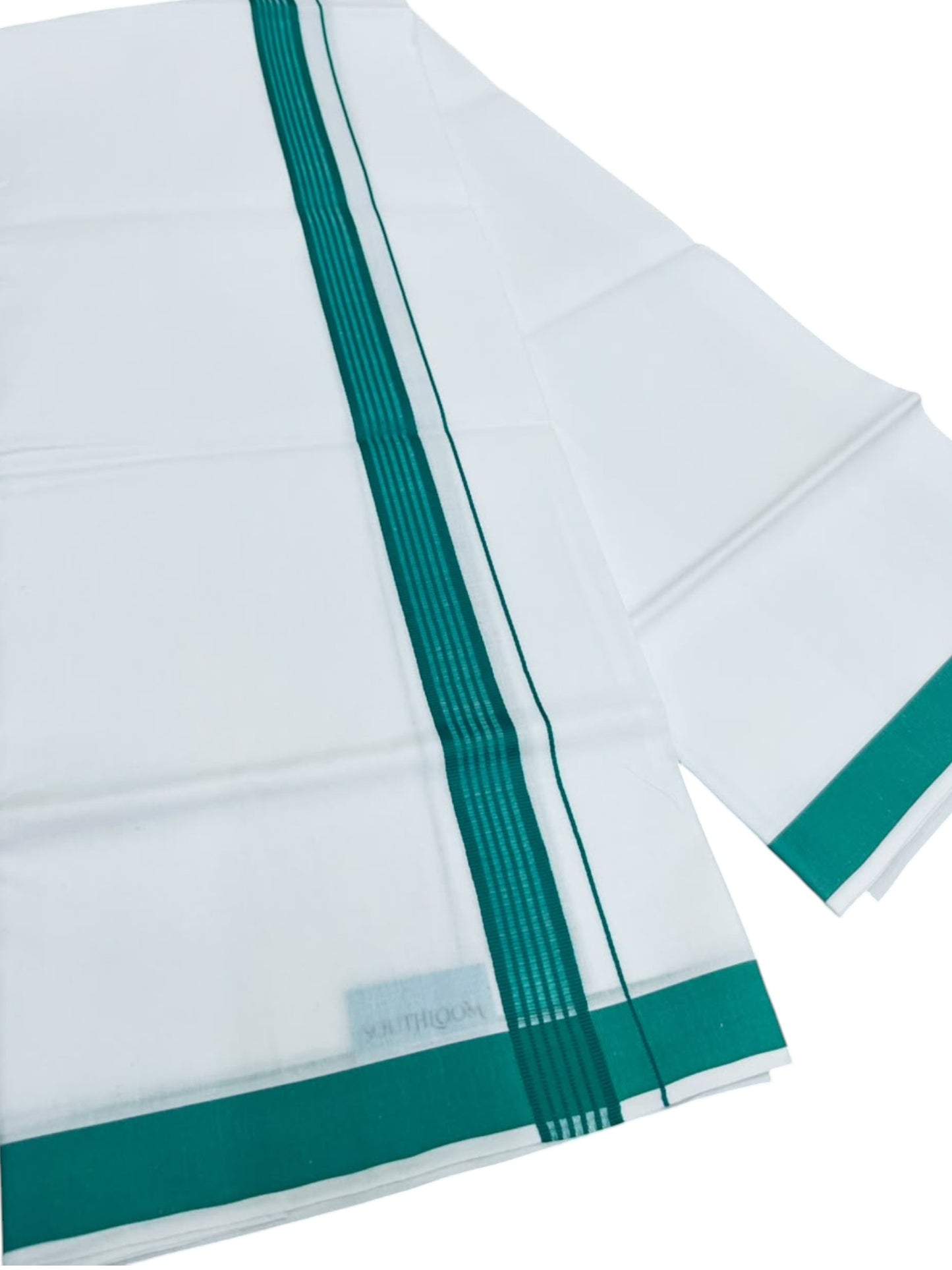 Southloom Pure White Single Cotton Mundu with Green Border (South Indian Kerala Dhoti)